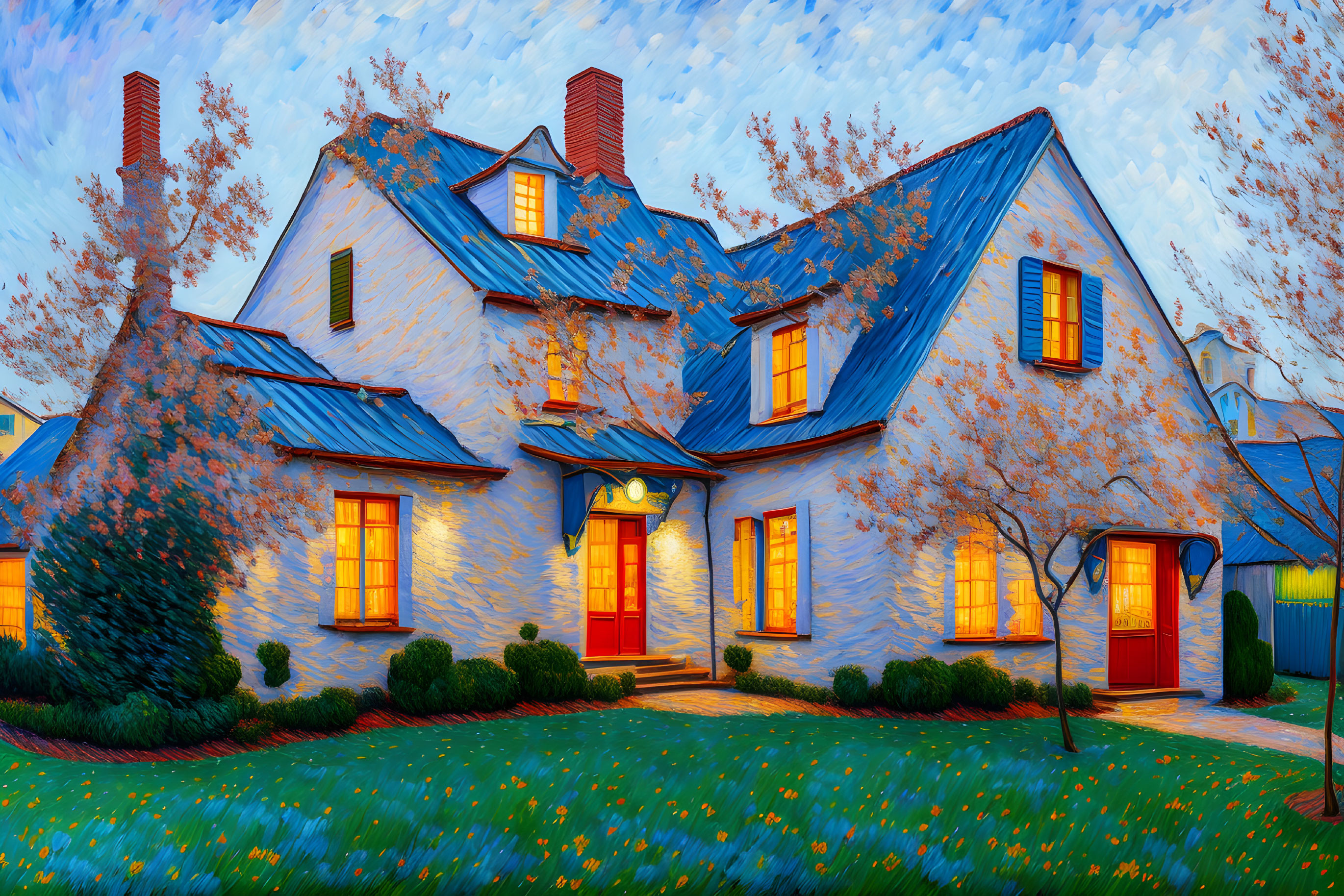 Cozy two-story house with blue roof and autumn leaves.