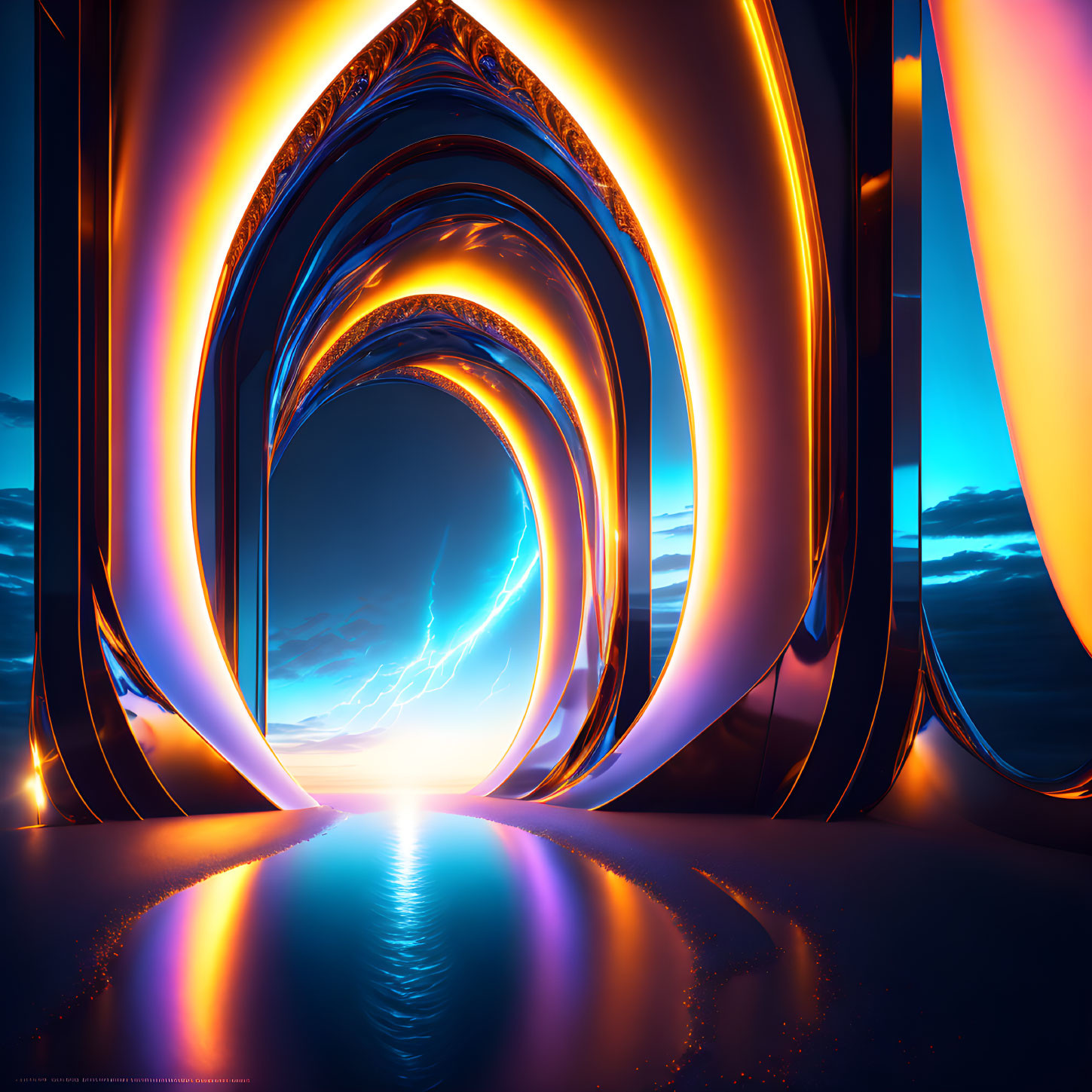 Neon-lit arch tunnel with lightning over reflective waters