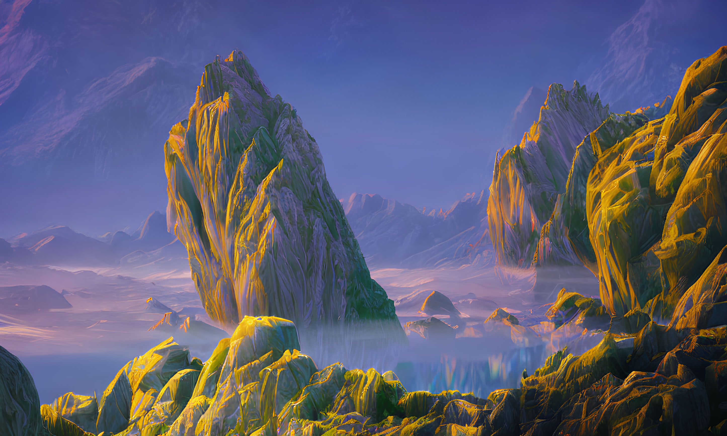 Golden rock formations in misty surreal landscape