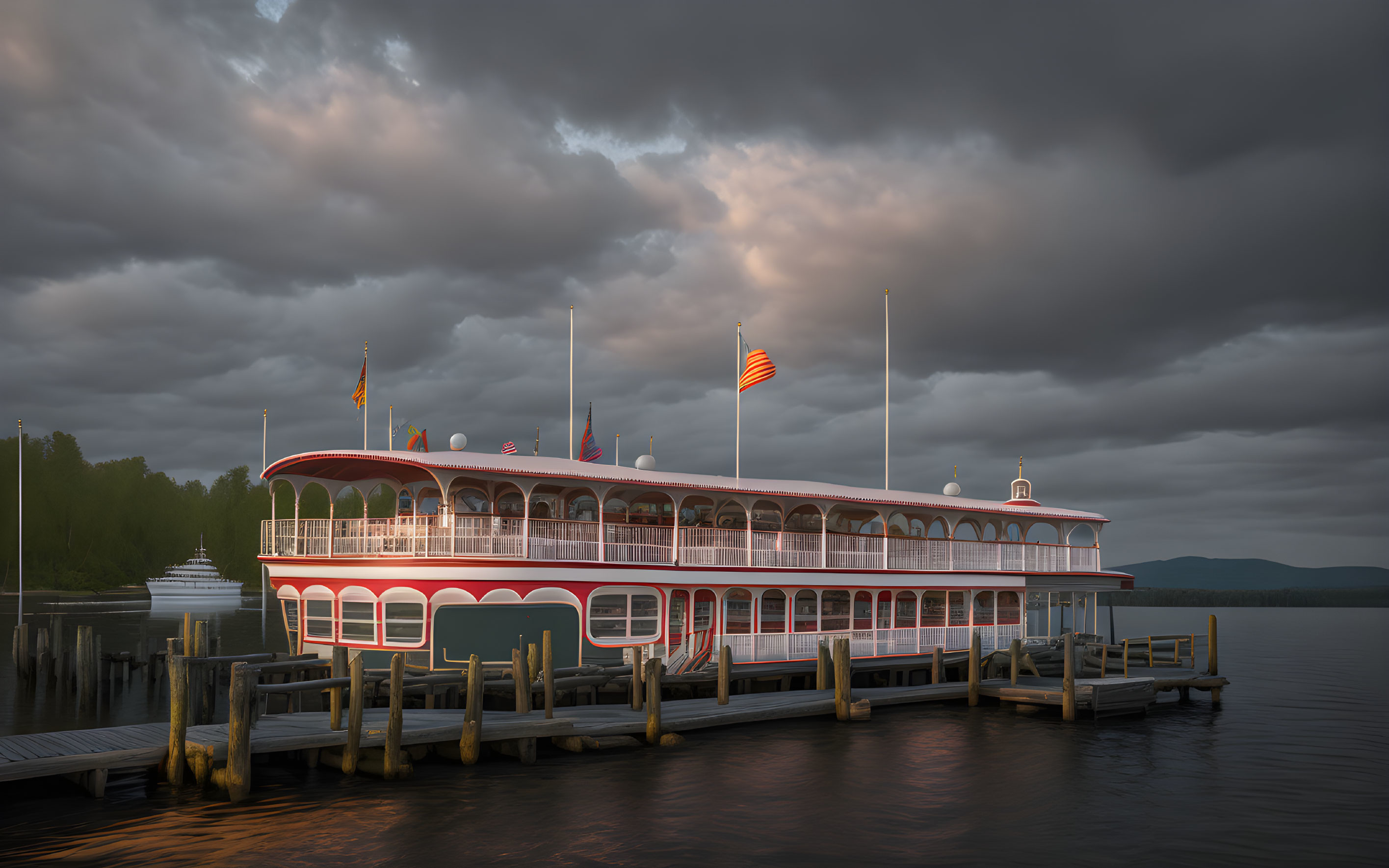 Vintage paddle steamer at wooden pier under dramatic twilight sky