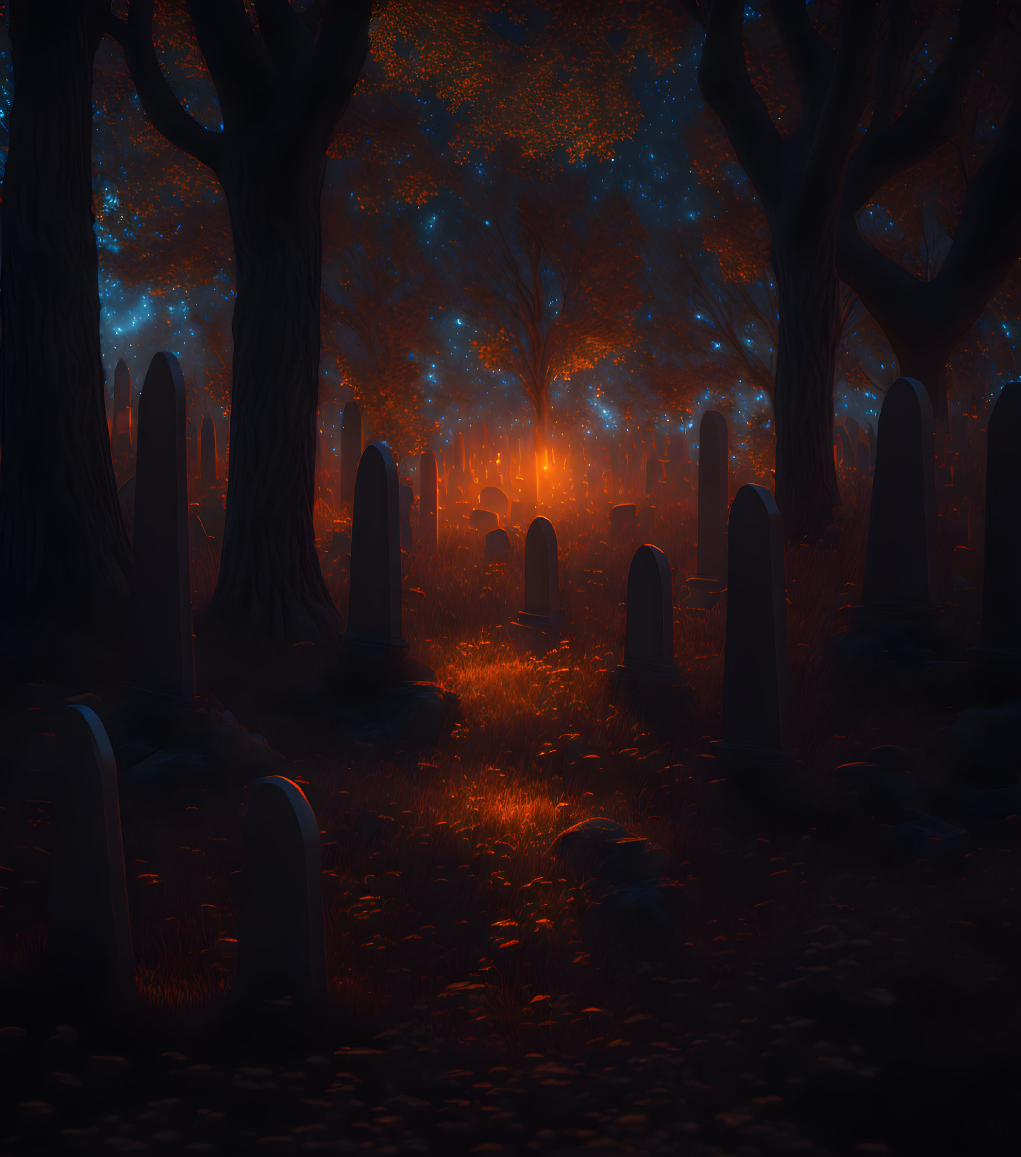 Ethereal night scene in cemetery with orange light and starry sky