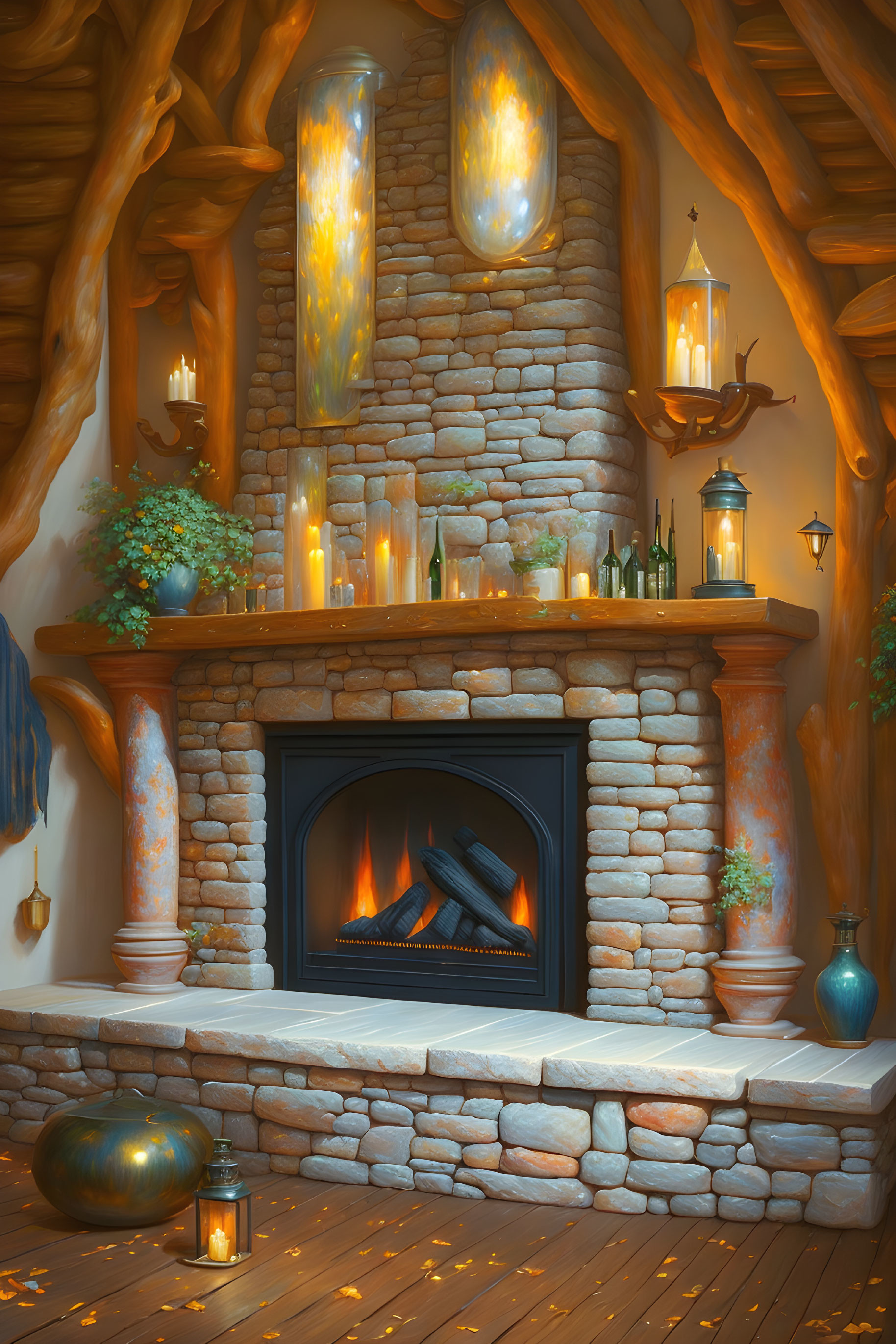 Warm Interior with Stone Fireplace, Wooden Details, Lanterns, Candles, and Plants