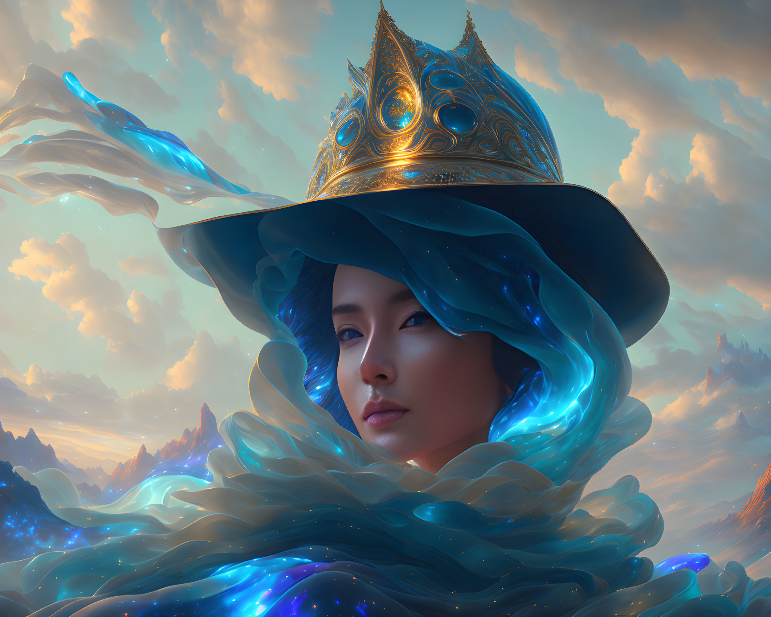 Serene woman in blue hat glowing against majestic clouds