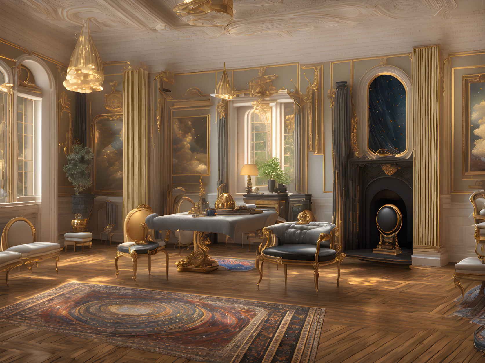 Luxurious Room with Golden Details, Fireplace, Artwork, Plush Seating, Table, and