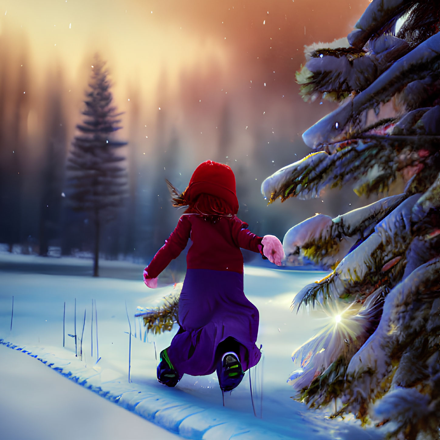 Child in Red Hat Leaping by Snowy Pines at Twilight