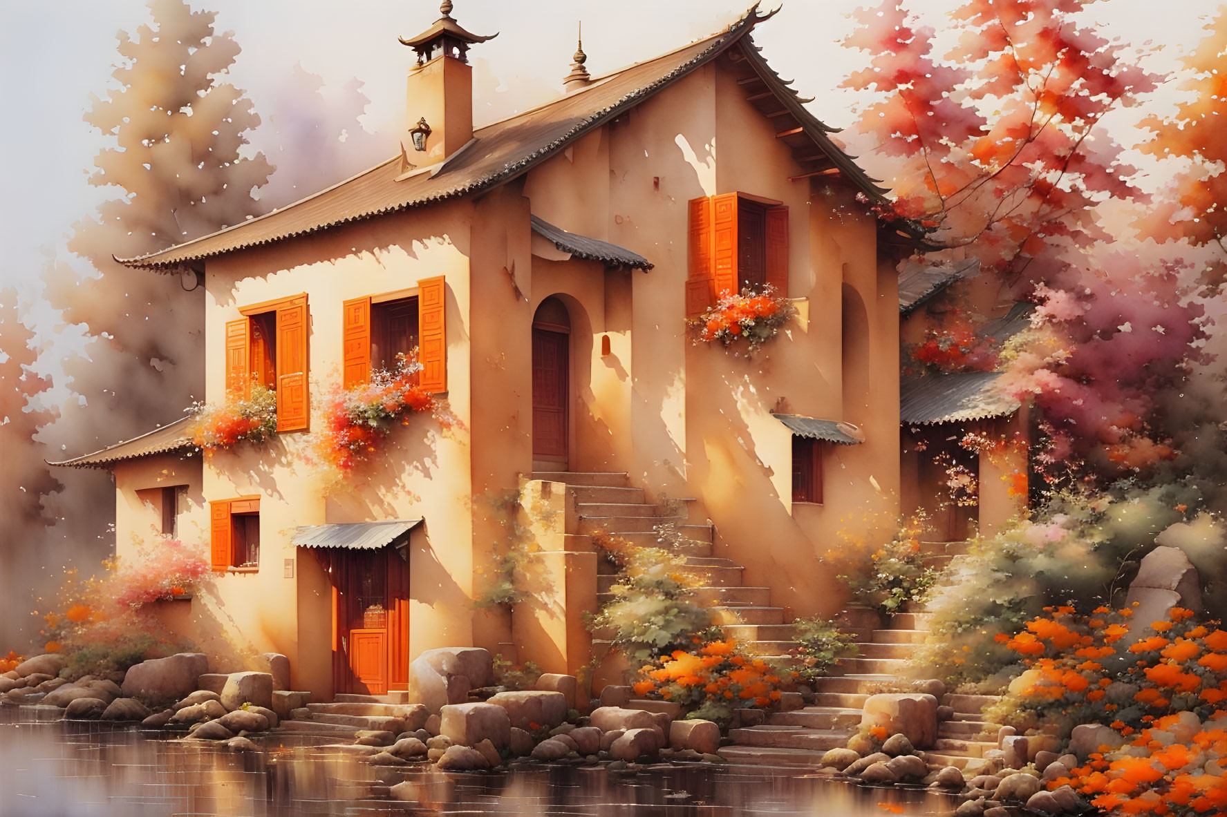 Autumn-themed house with orange shutters near tranquil water body