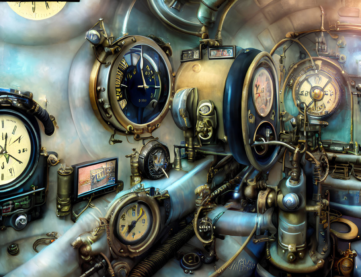 Steampunk-style control panel with gauges, pipes, and mechanical devices