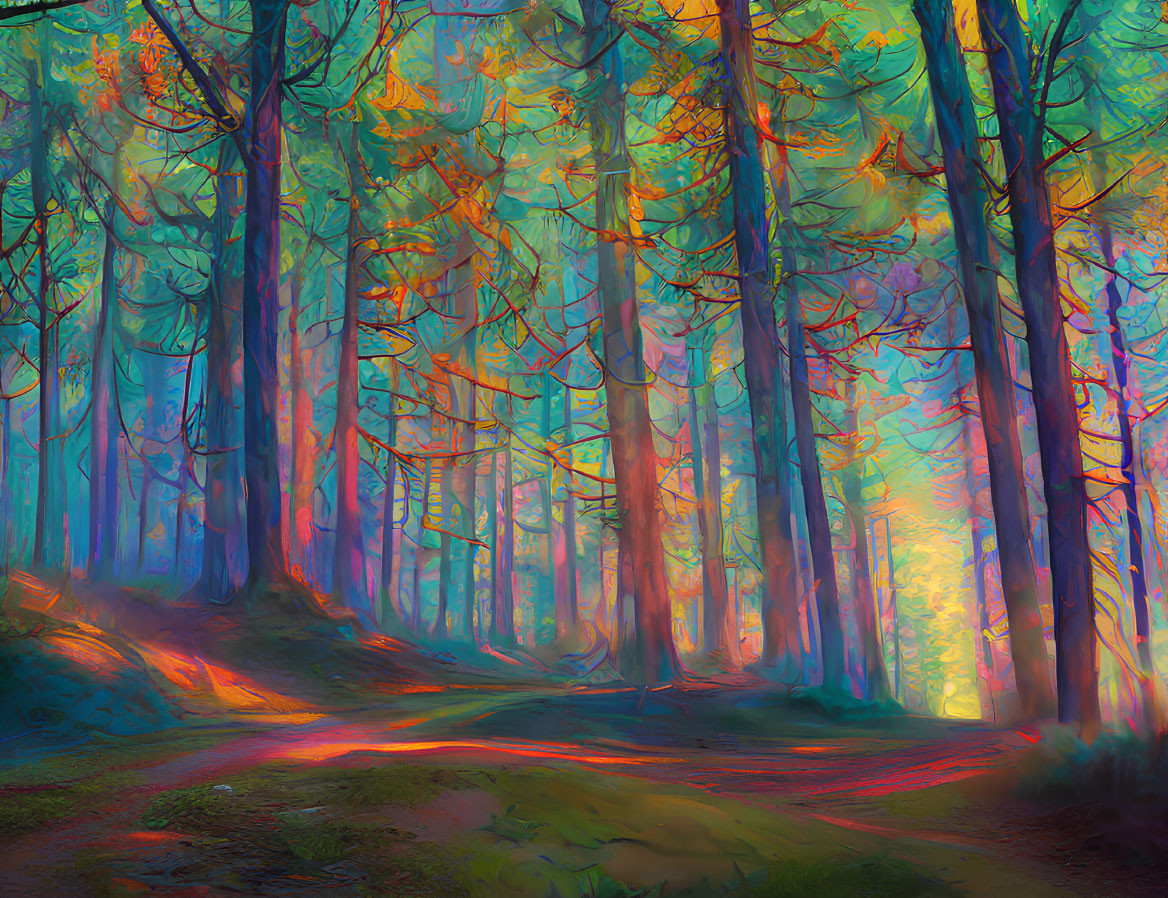 Colorful Forest Scene with Pathway and Vibrant Hues