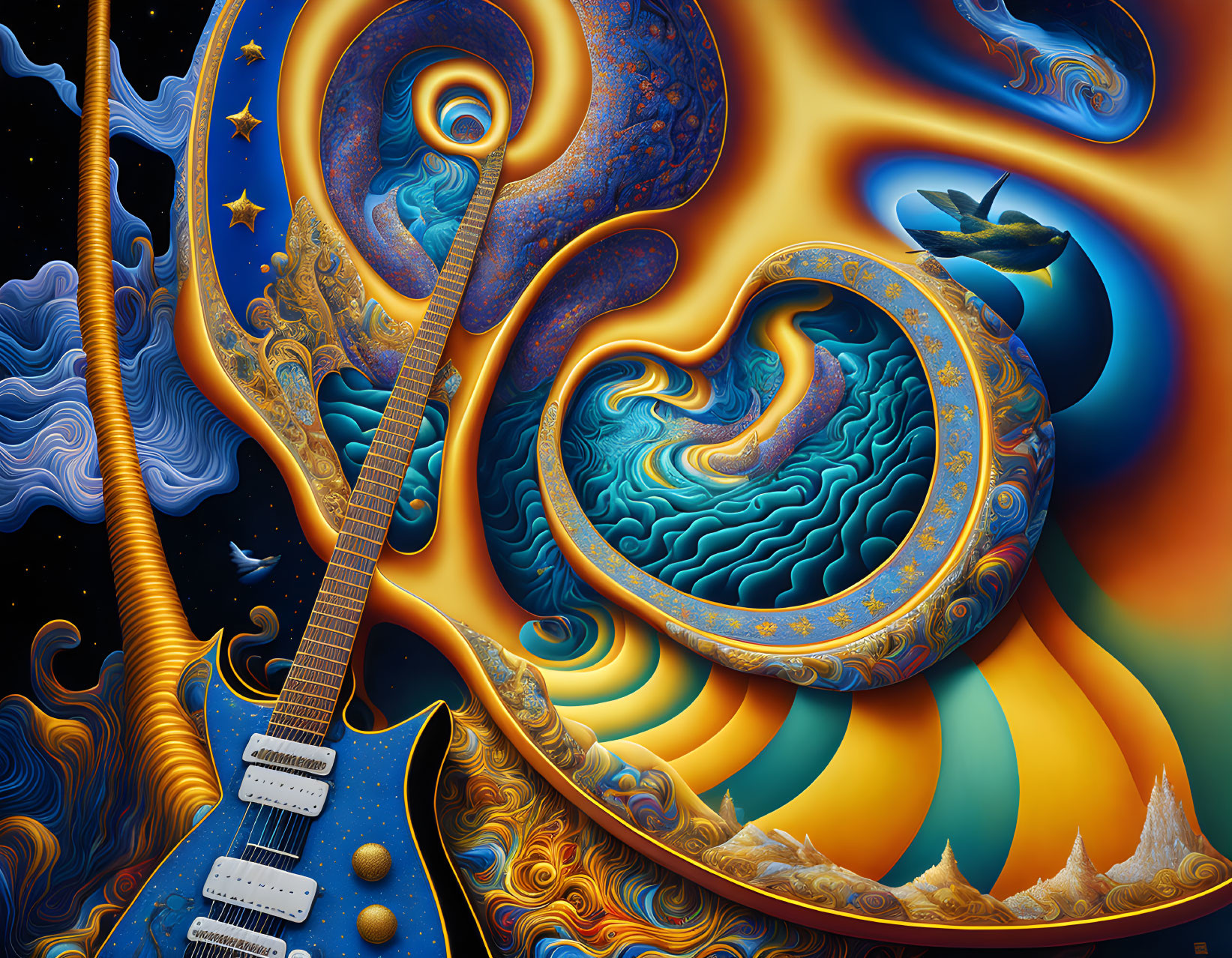 Colorful artwork: Guitar merges with cosmic and oceanic elements