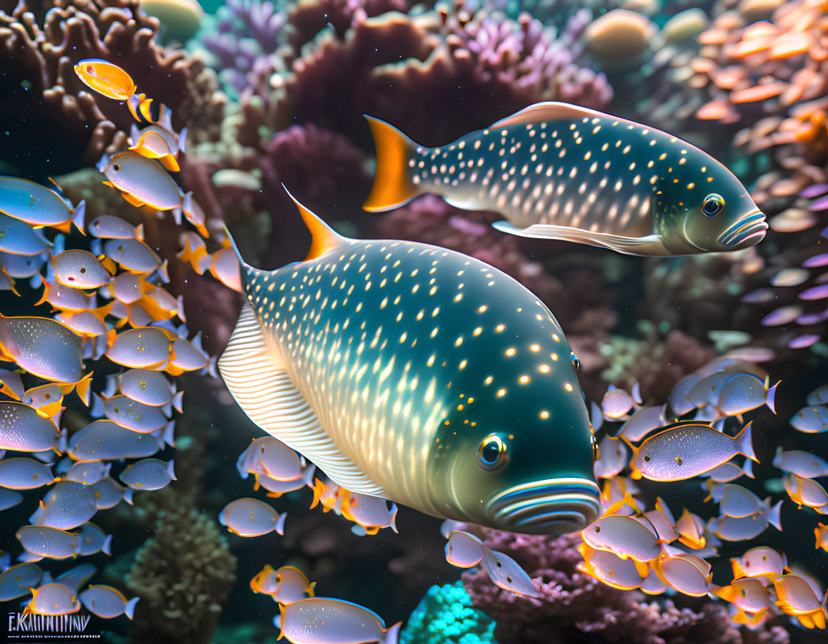 Spotted fish and coral reef with school of fish