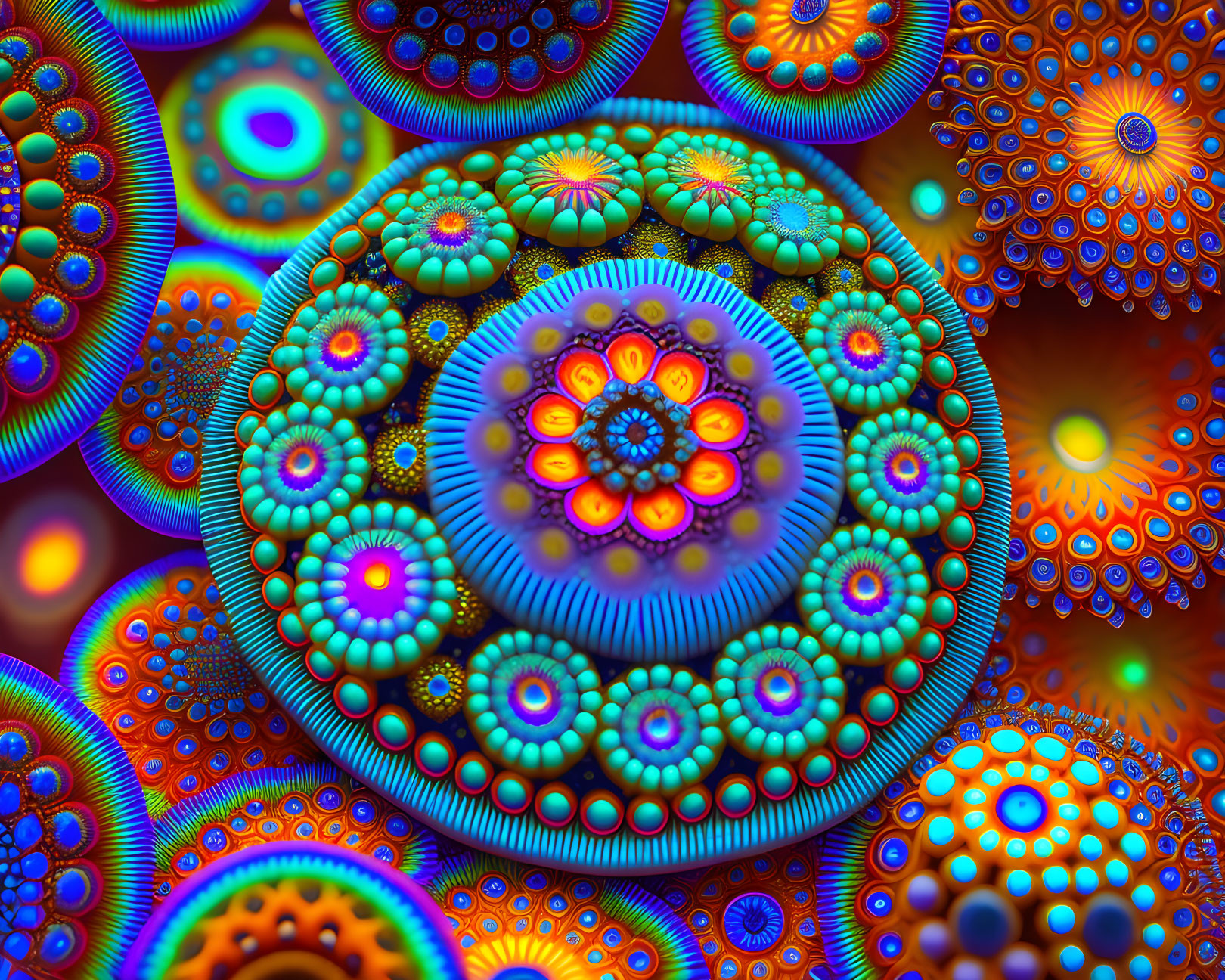 Colorful Fractal Art: Circular Psychedelic Mandalas in Blue, Orange, and Purple