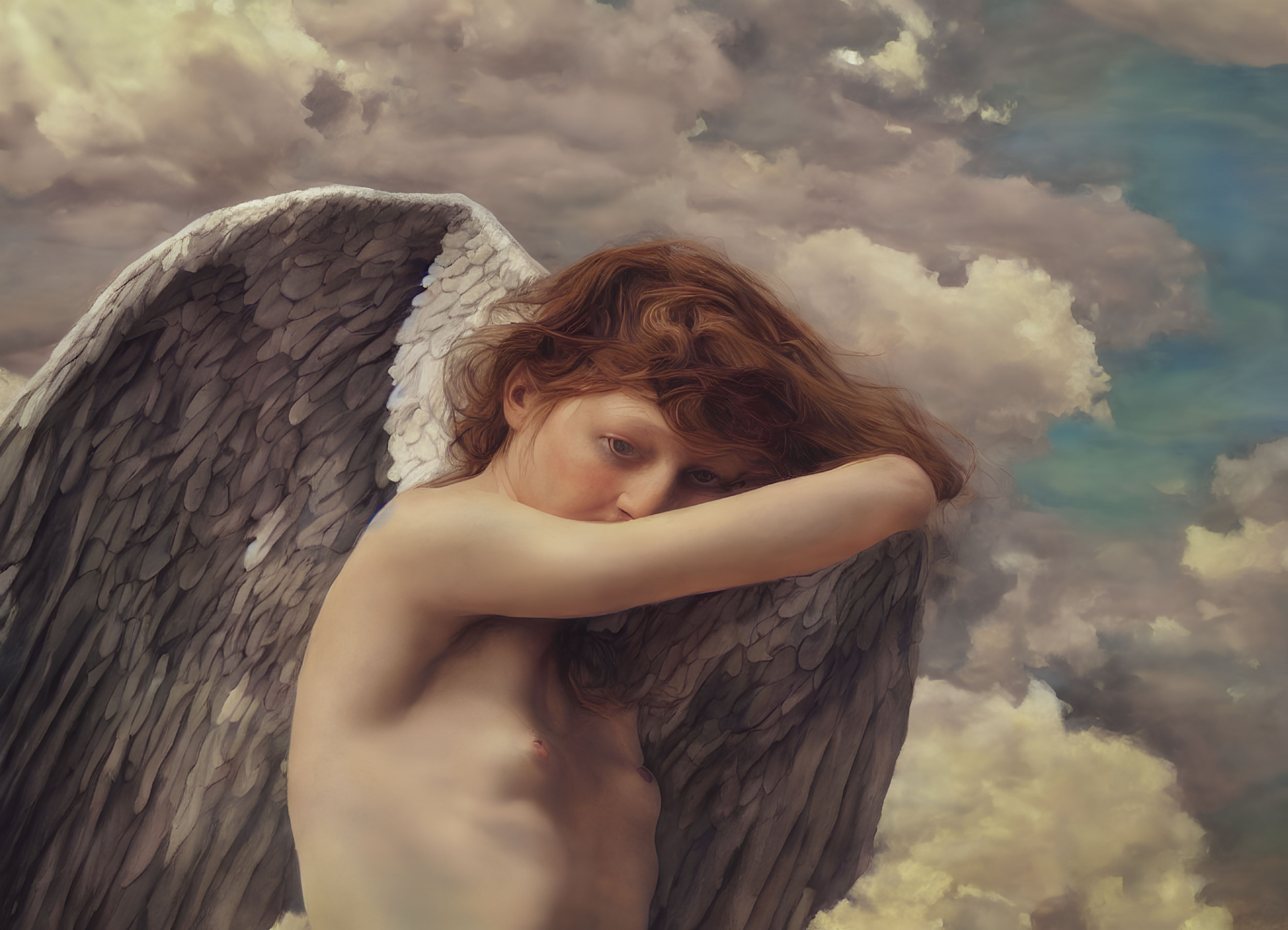 Detailed Wings Figure Contemplating Amidst Clouds