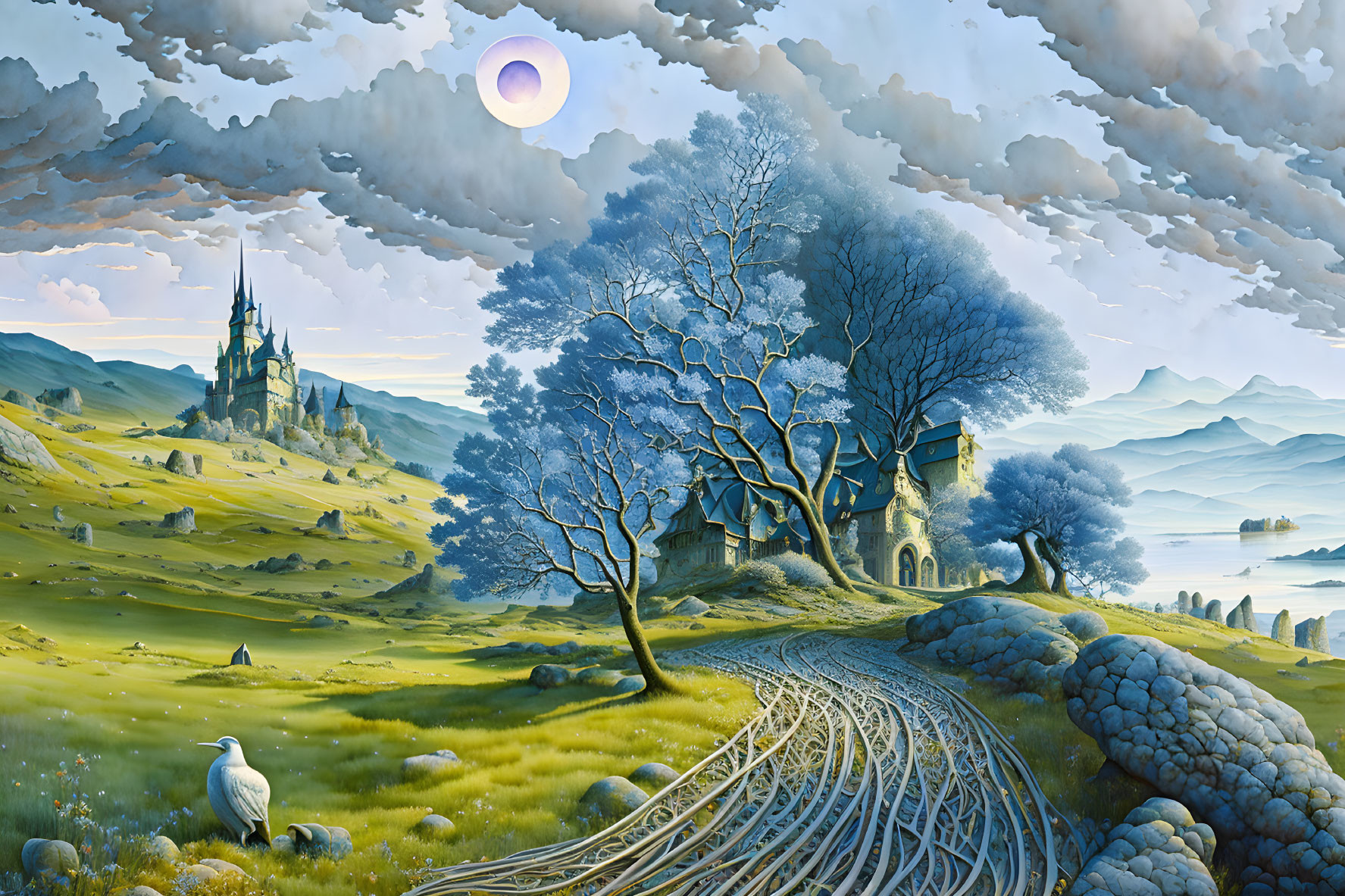 Castle on hill, leafless tree, stork, eclipse, serene lake in fantasy landscape