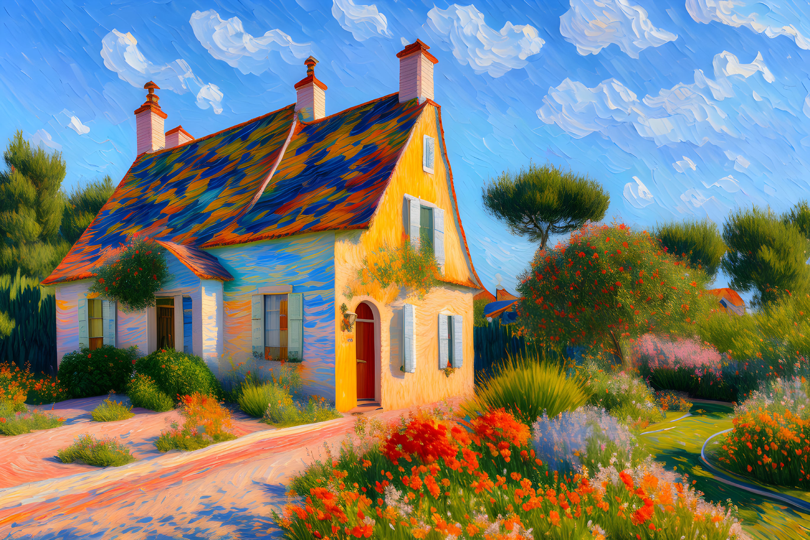 Colorful digital painting of a quaint house in lush garden scenery