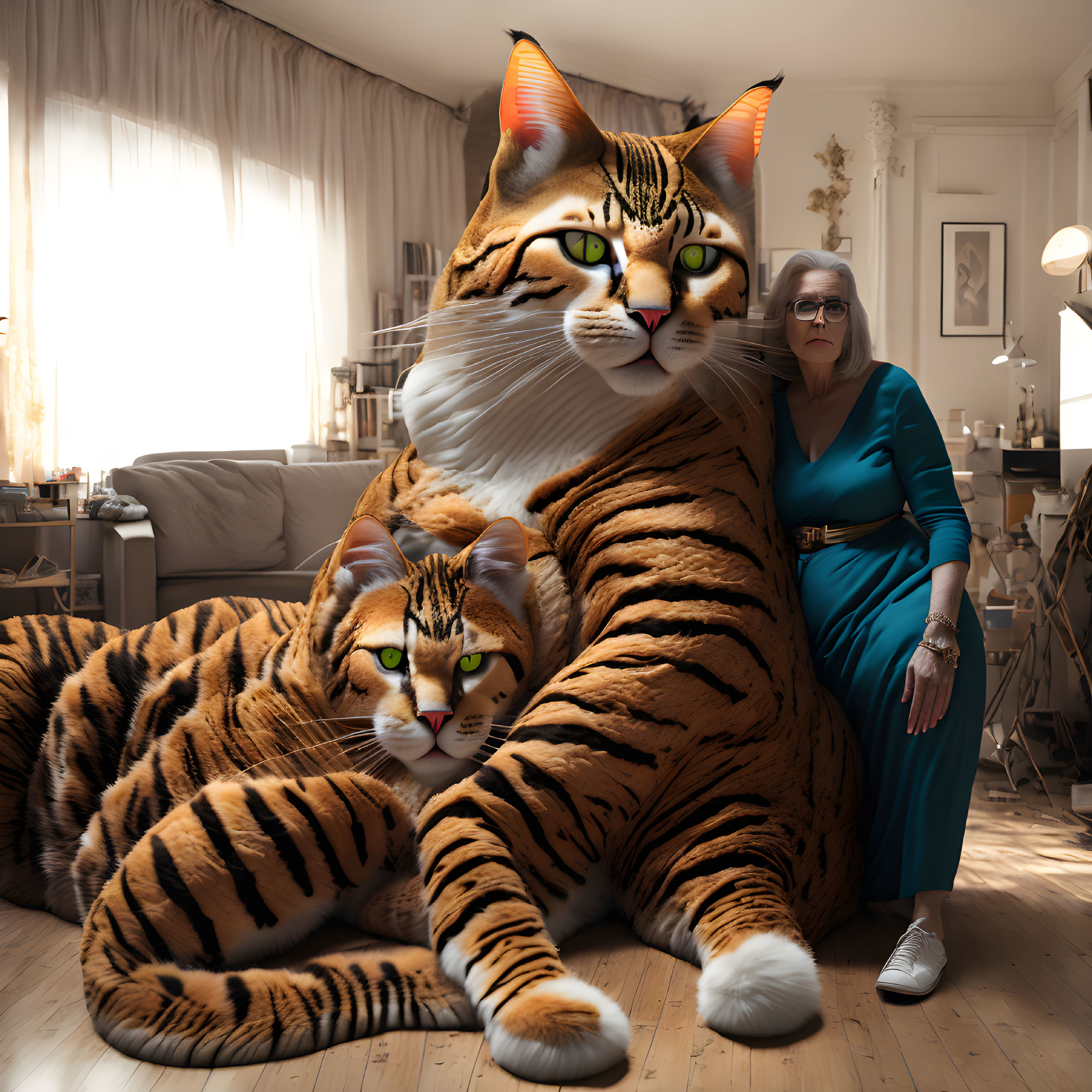 Woman in blue dress with giant housecats in sunlit living room