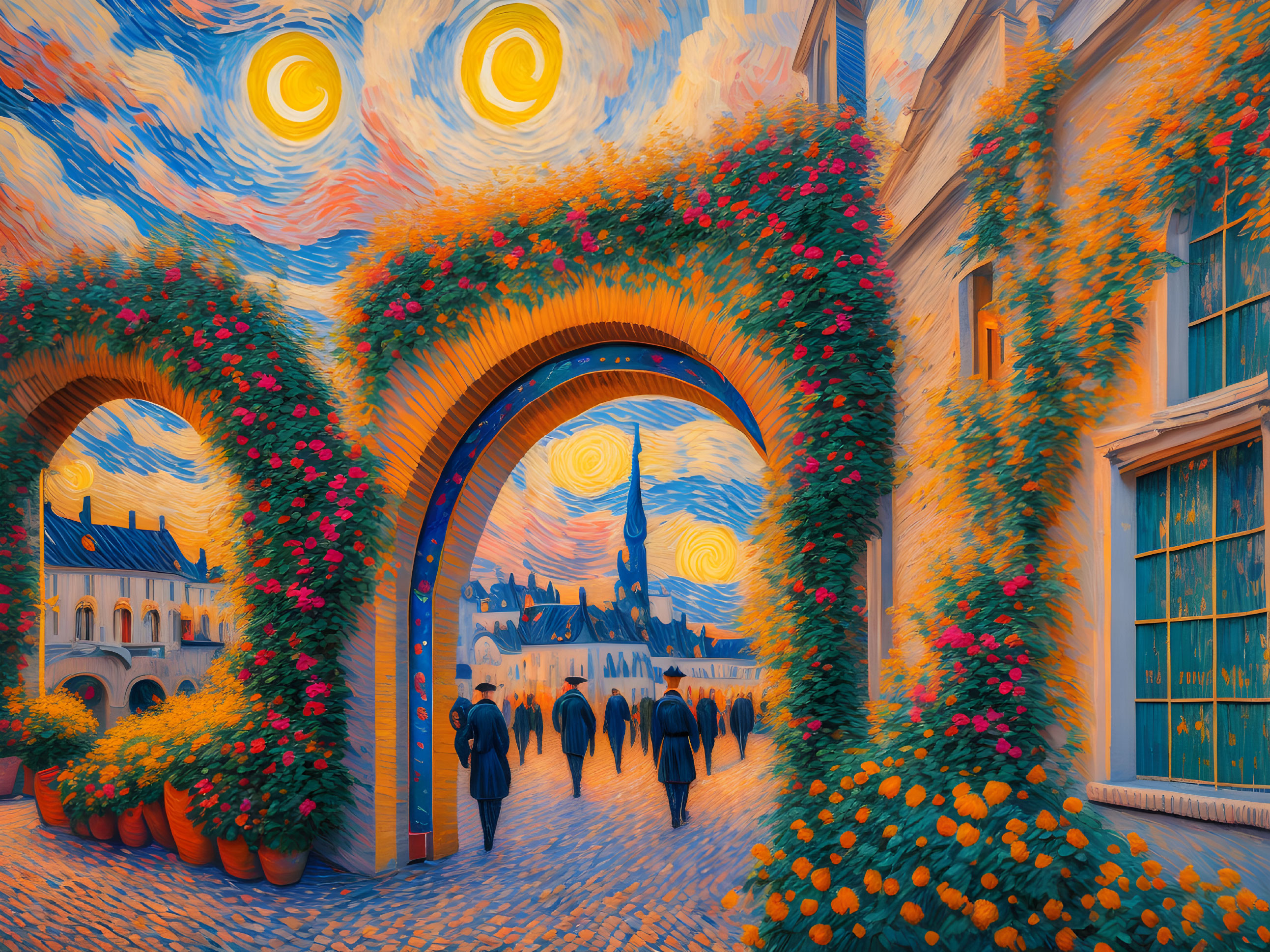 Starry Sky Painting: Arched Pathway, Blooming Flowers & Silhouettes