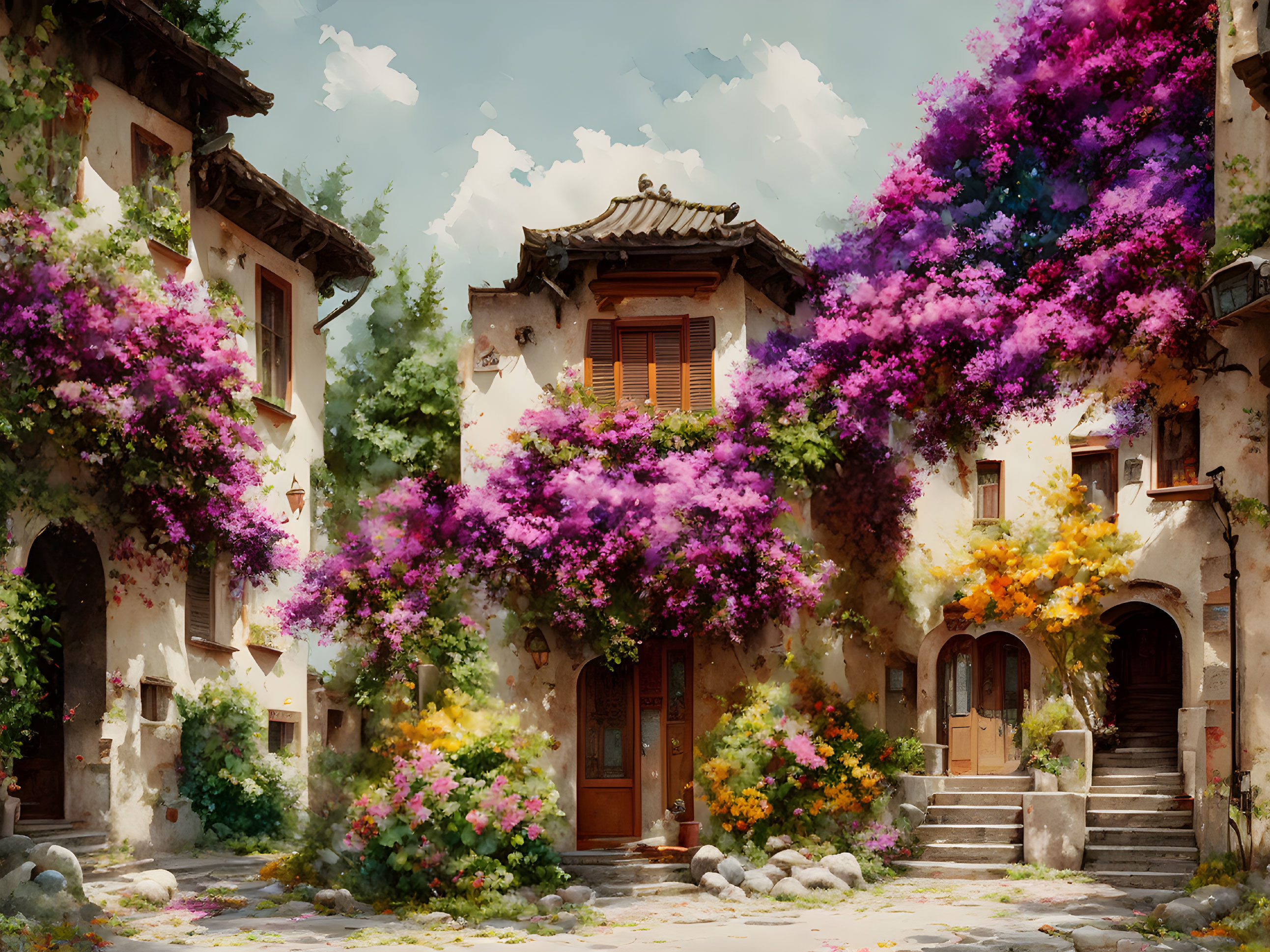 Traditional courtyard with vibrant bougainvillea and lush greenery under clear sky