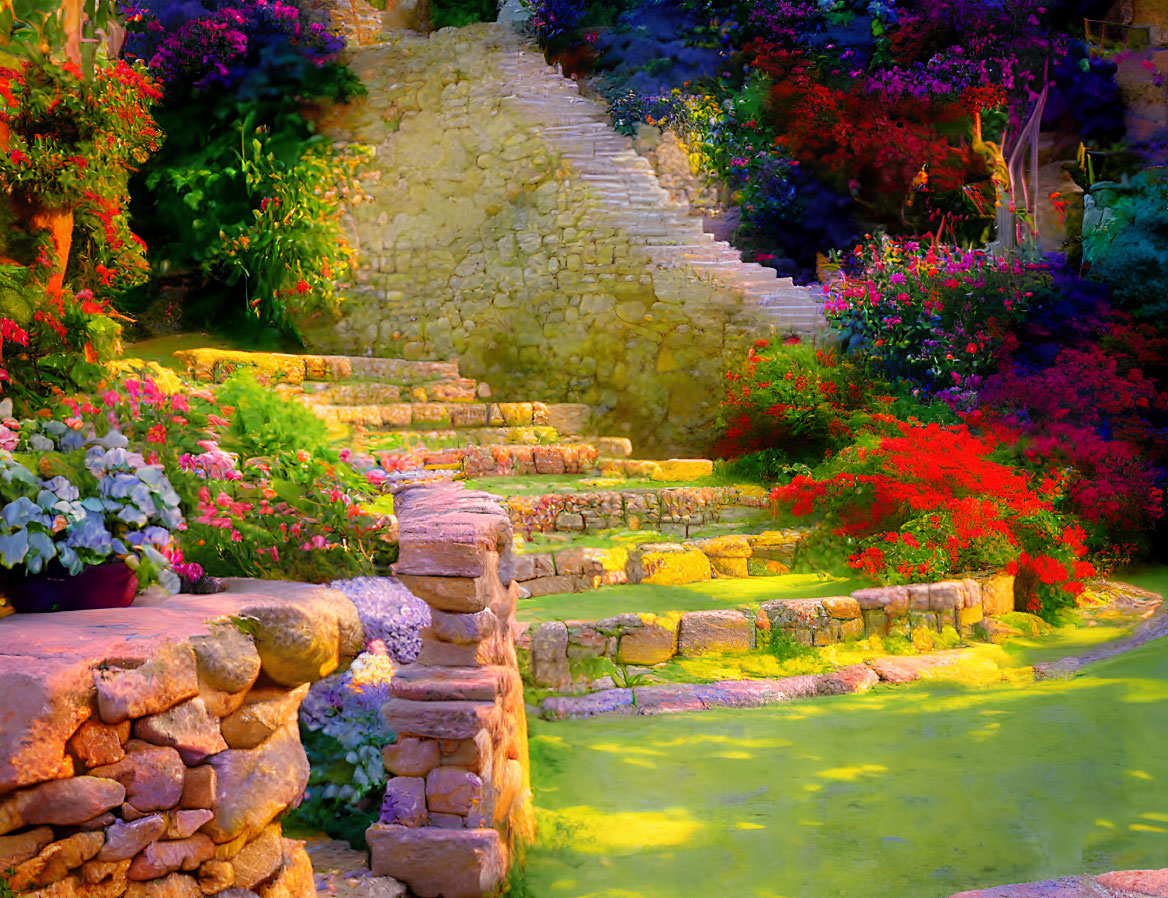 Vibrant flower garden with stone staircase in warm sunlight