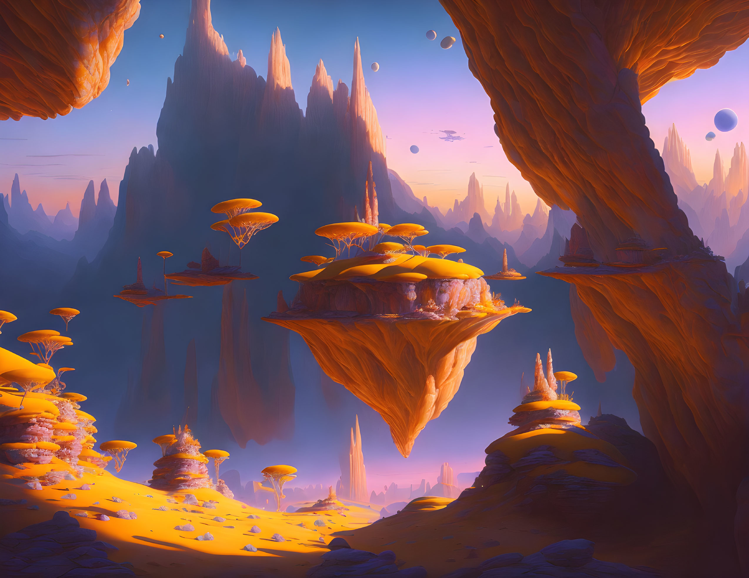 Alien landscape: floating islands, rock formations, mushroom structures, orange sky.