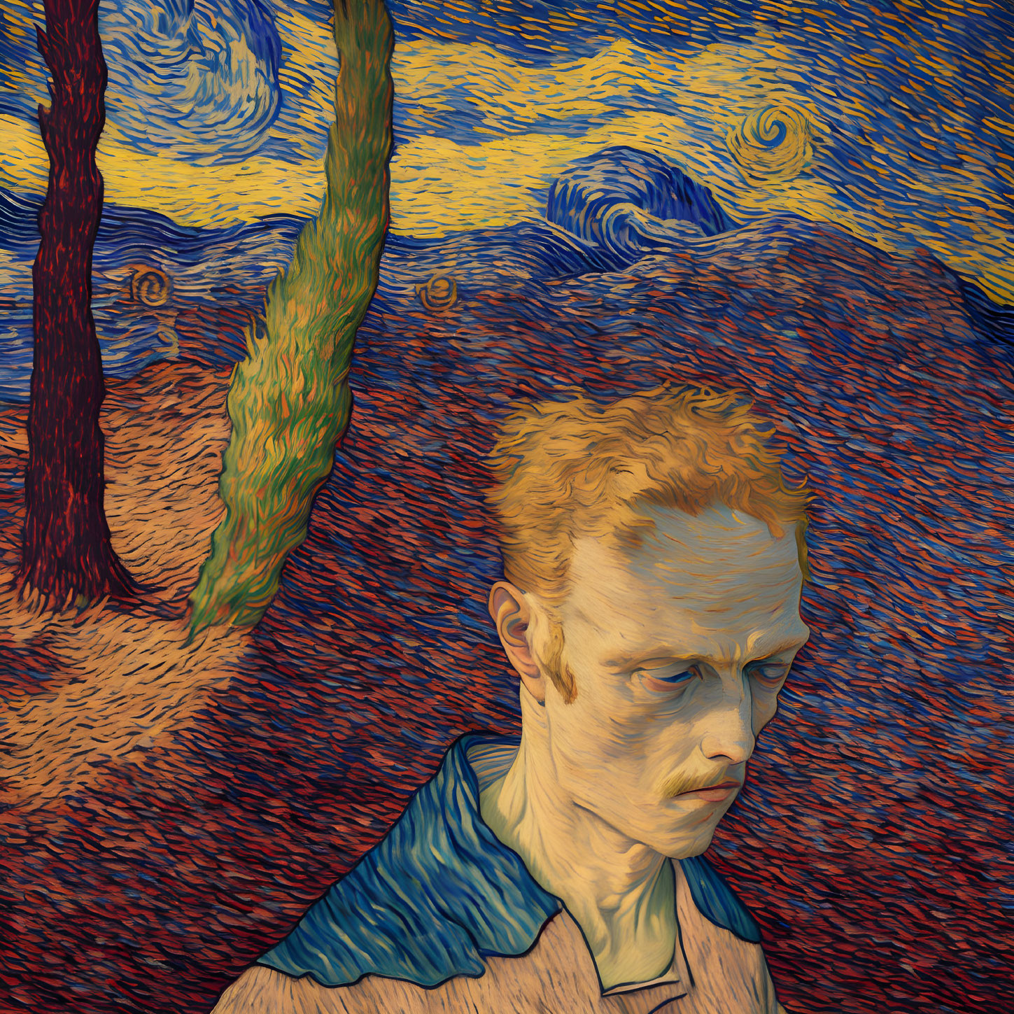 Reddish-haired person in solemn expression against vibrant starry night backdrop