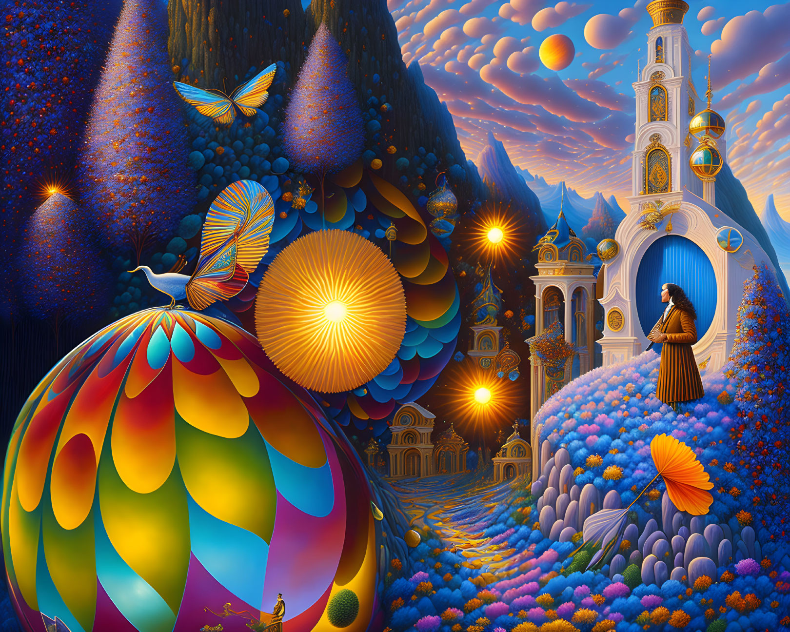 Colorful fantasy landscape with whimsical architecture and butterflies