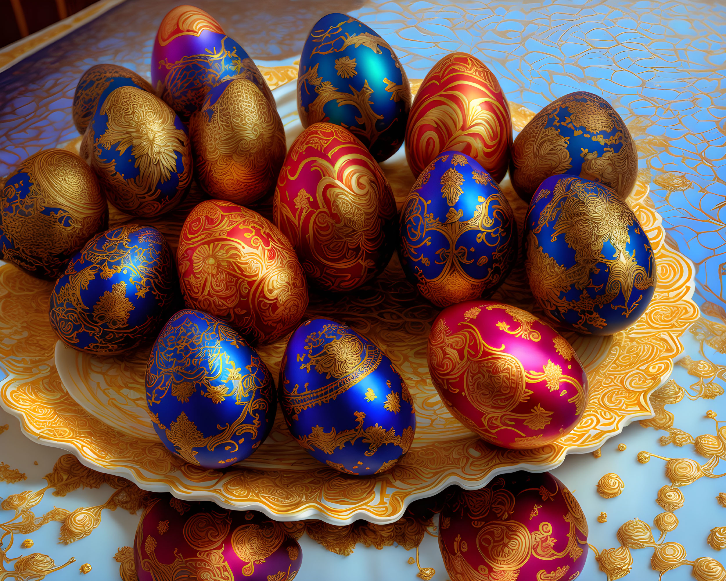 Intricately Designed Easter Eggs with Golden Patterns on Red and Blue Backgrounds