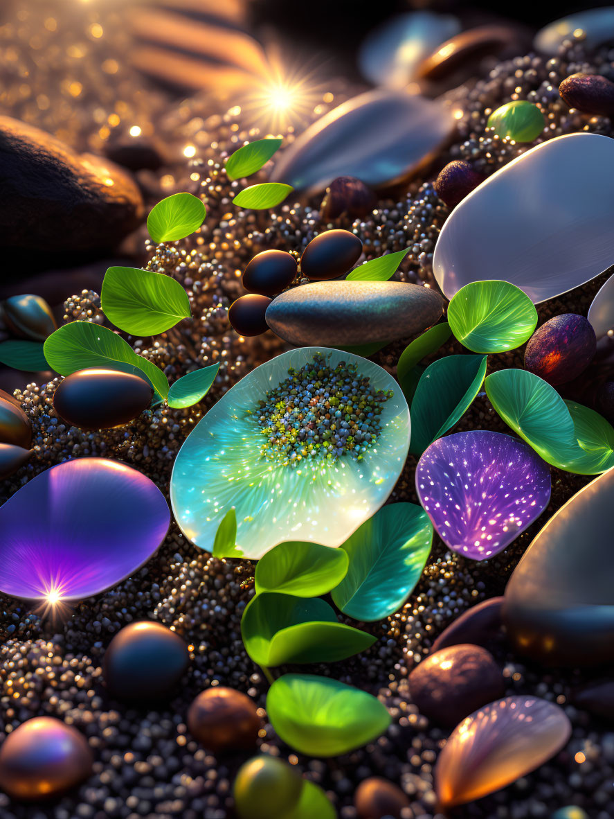 Vibrant pebbles and leaves on ground with luminous reflection