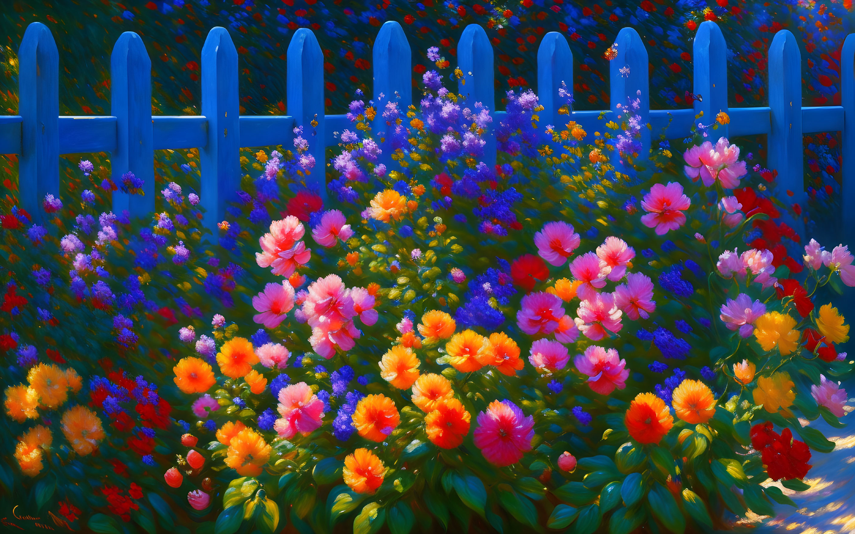 Colorful Flowers Bloom in Vibrant Garden with Blue Picket Fence