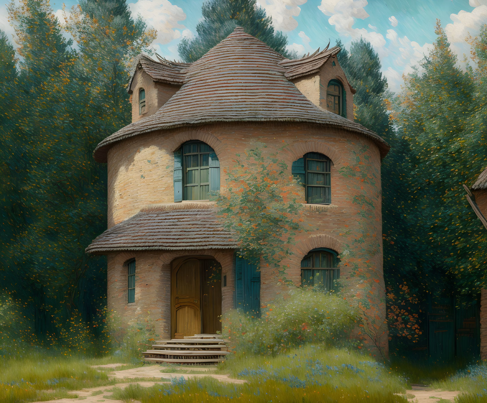 Round two-story cottage with conical roof and ivy-covered walls in lush green setting