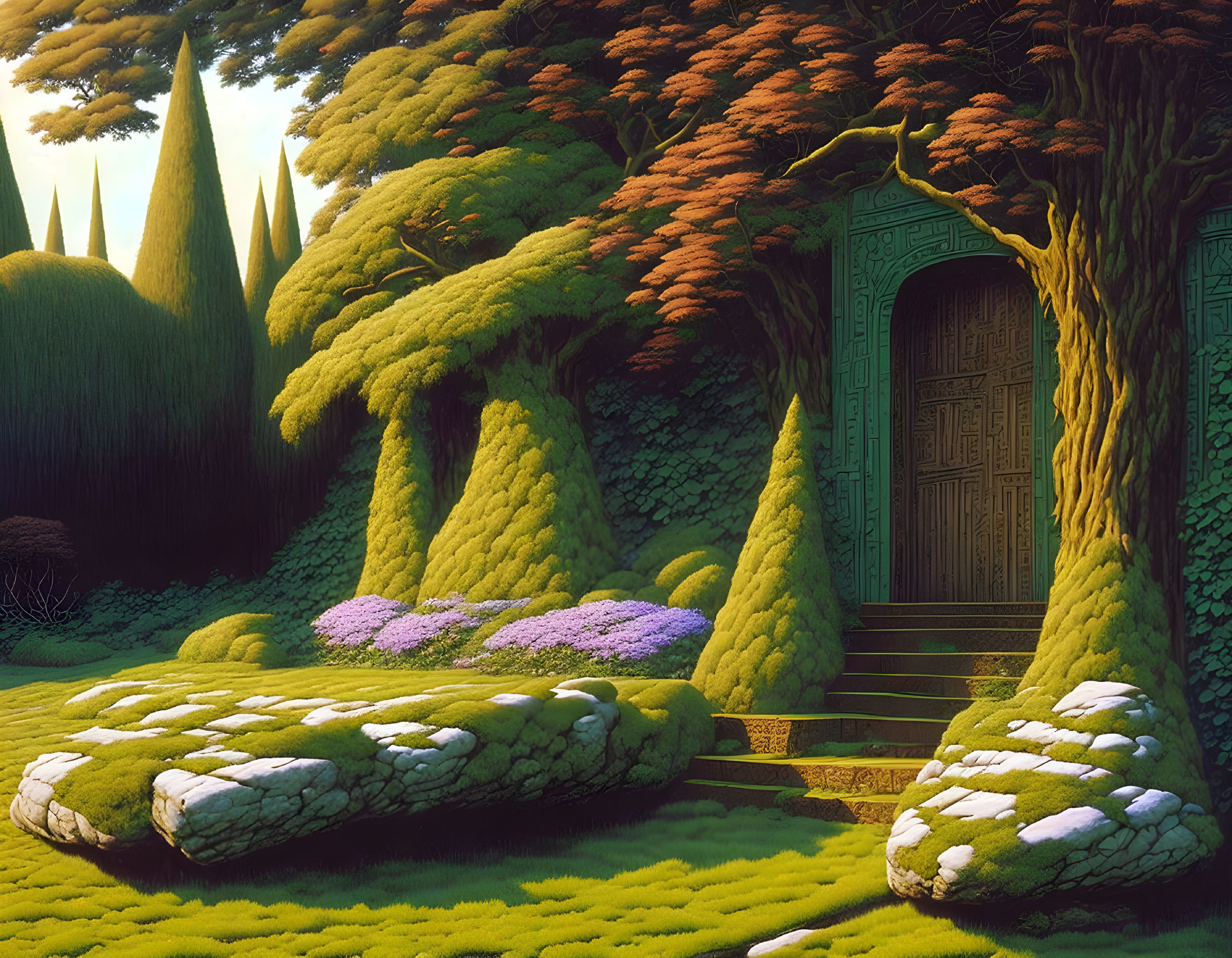 Lush Green Forest Scene with Carved Door, Moss-Covered Stones, and Purple Flowers