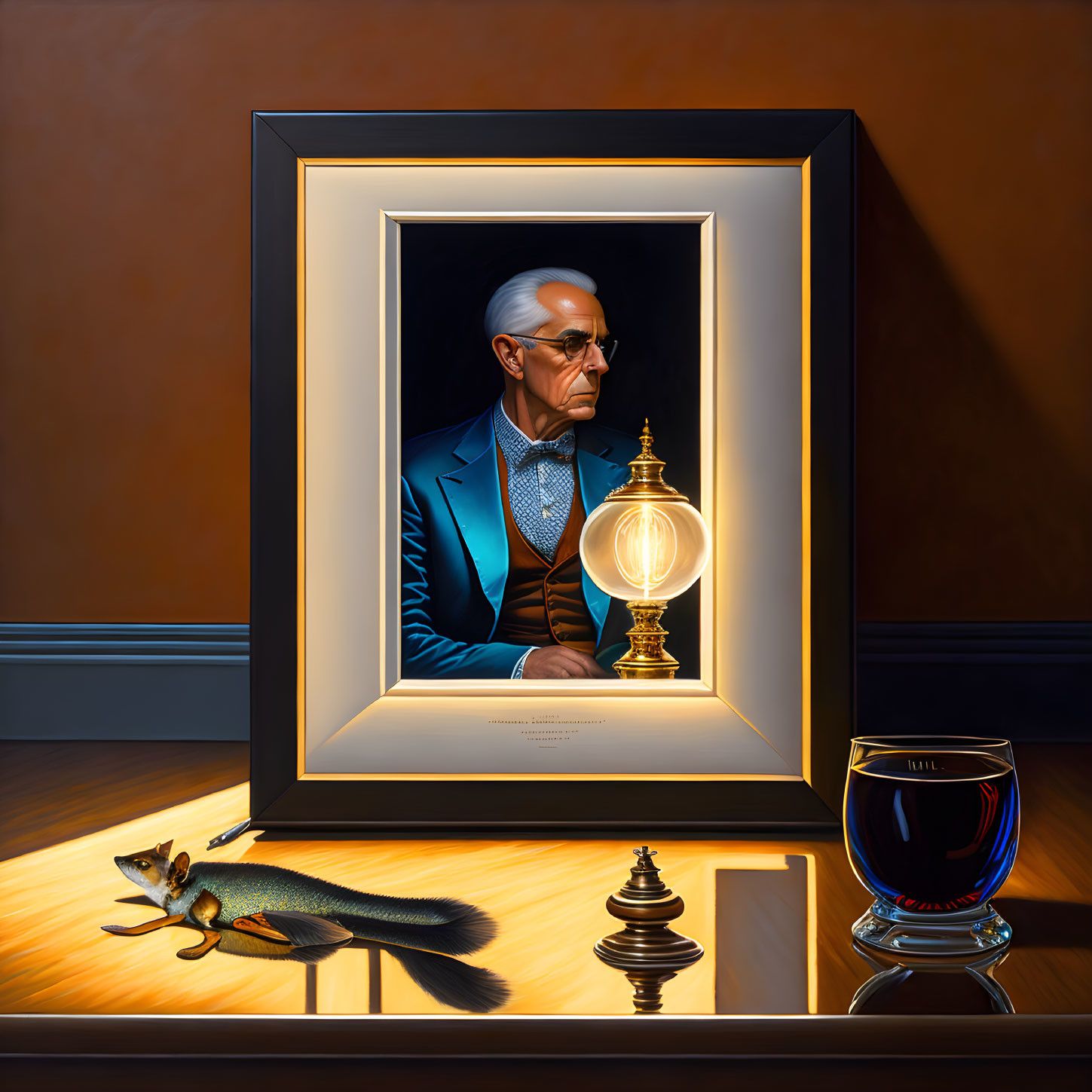 Elderly gentleman, lamp, wine glass, fish, chess piece on wooden surface