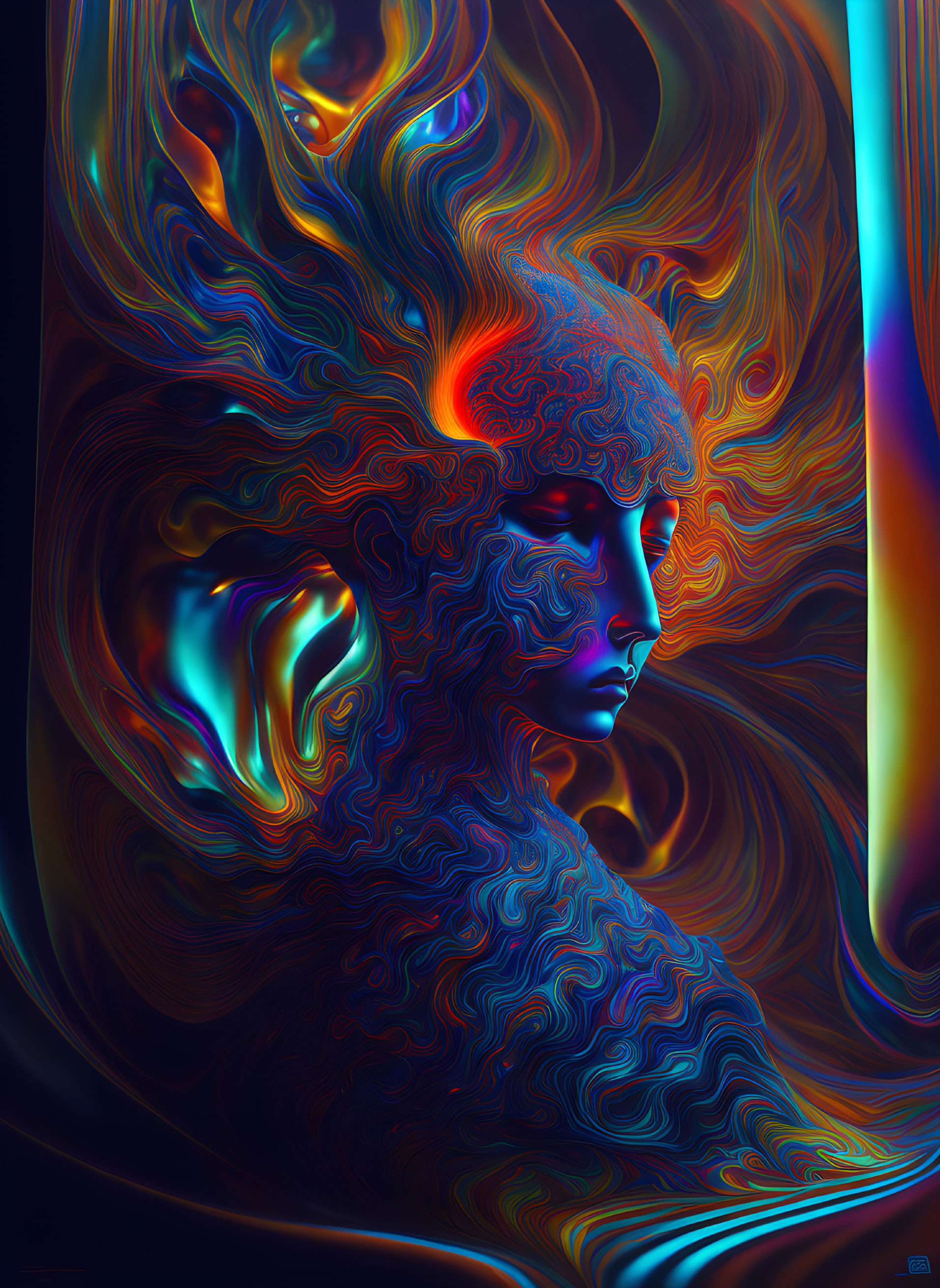 Colorful Psychedelic Digital Art: Profile Face with Swirling Patterns