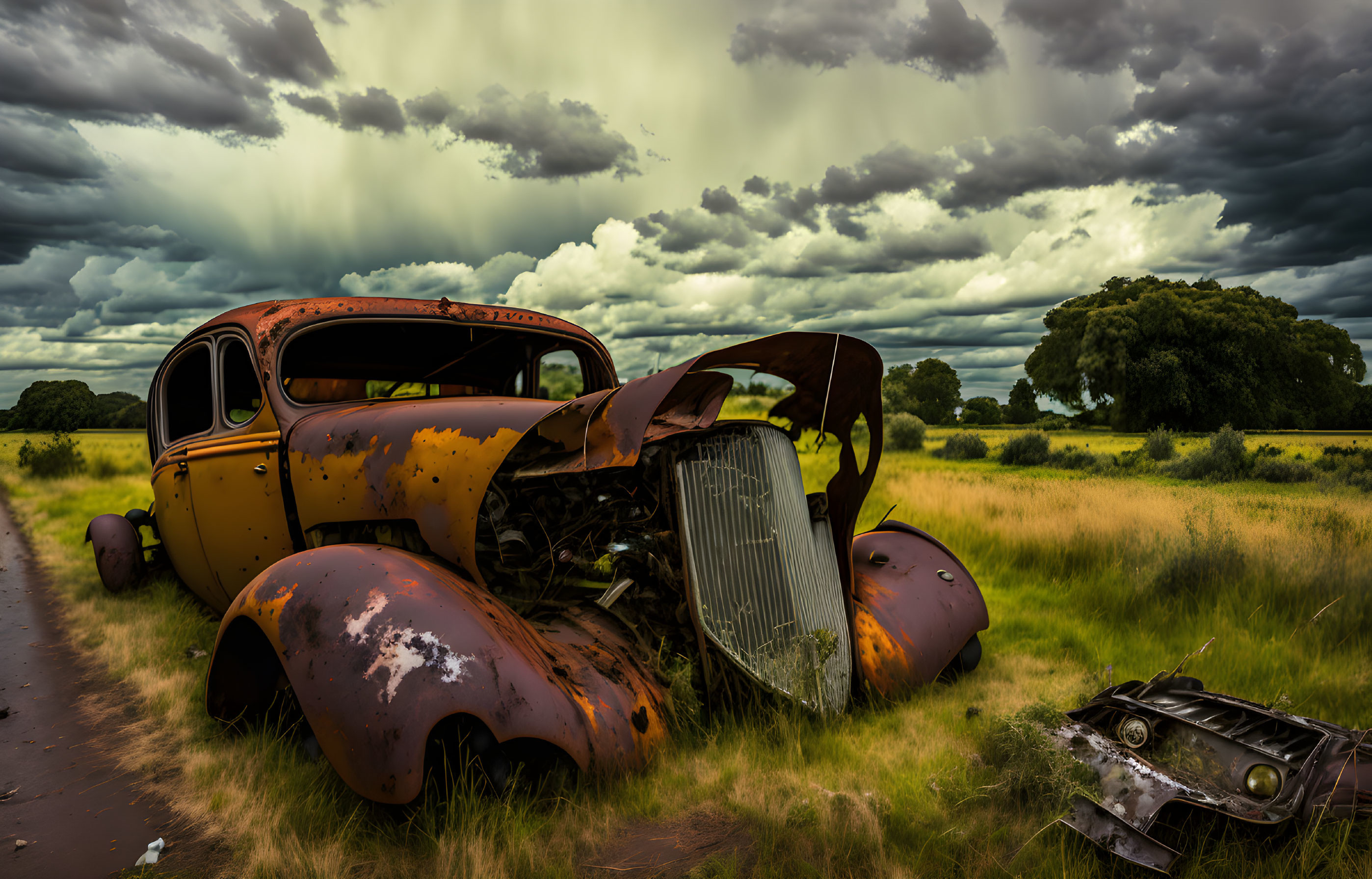 Rusty abandoned car in grassy field under dramatic sky