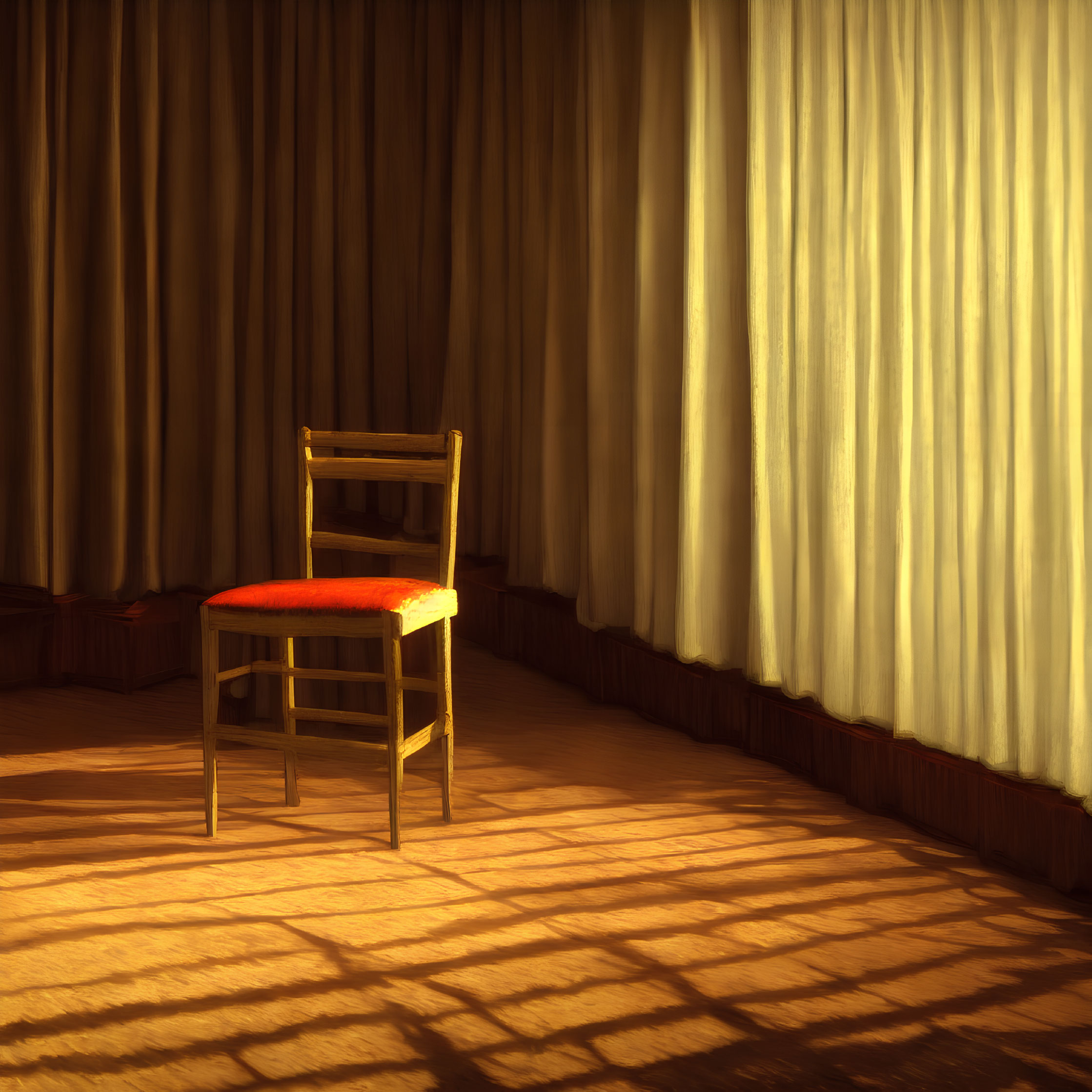 Wooden chair with red cushion in warm-lit room with dramatic shadows.