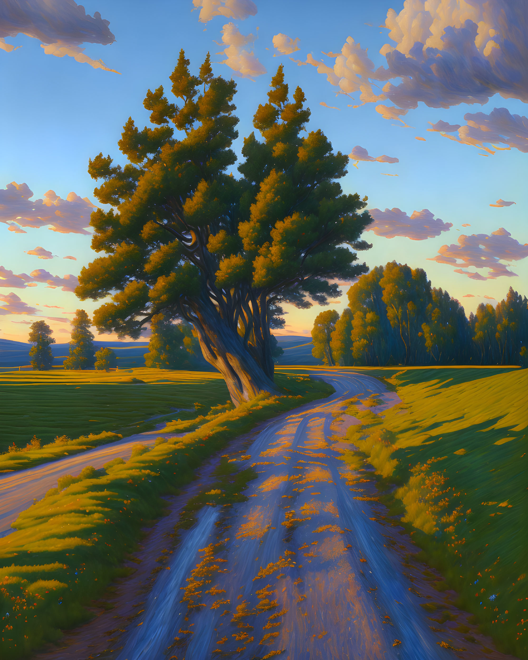 Landscape painting of solitary tree on dirt road at sunset