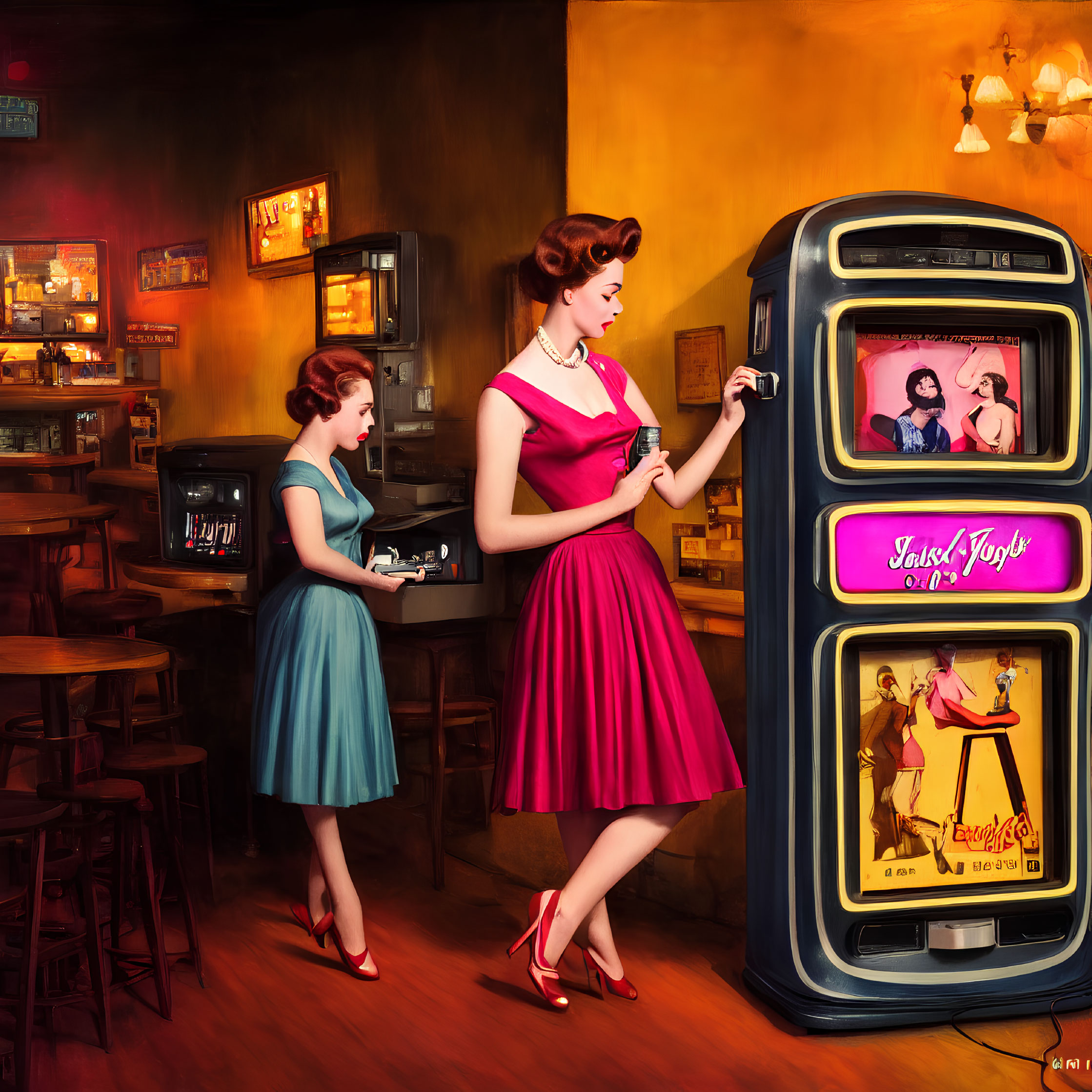 Vintage-attired women choose music from colorful jukebox in retro diner