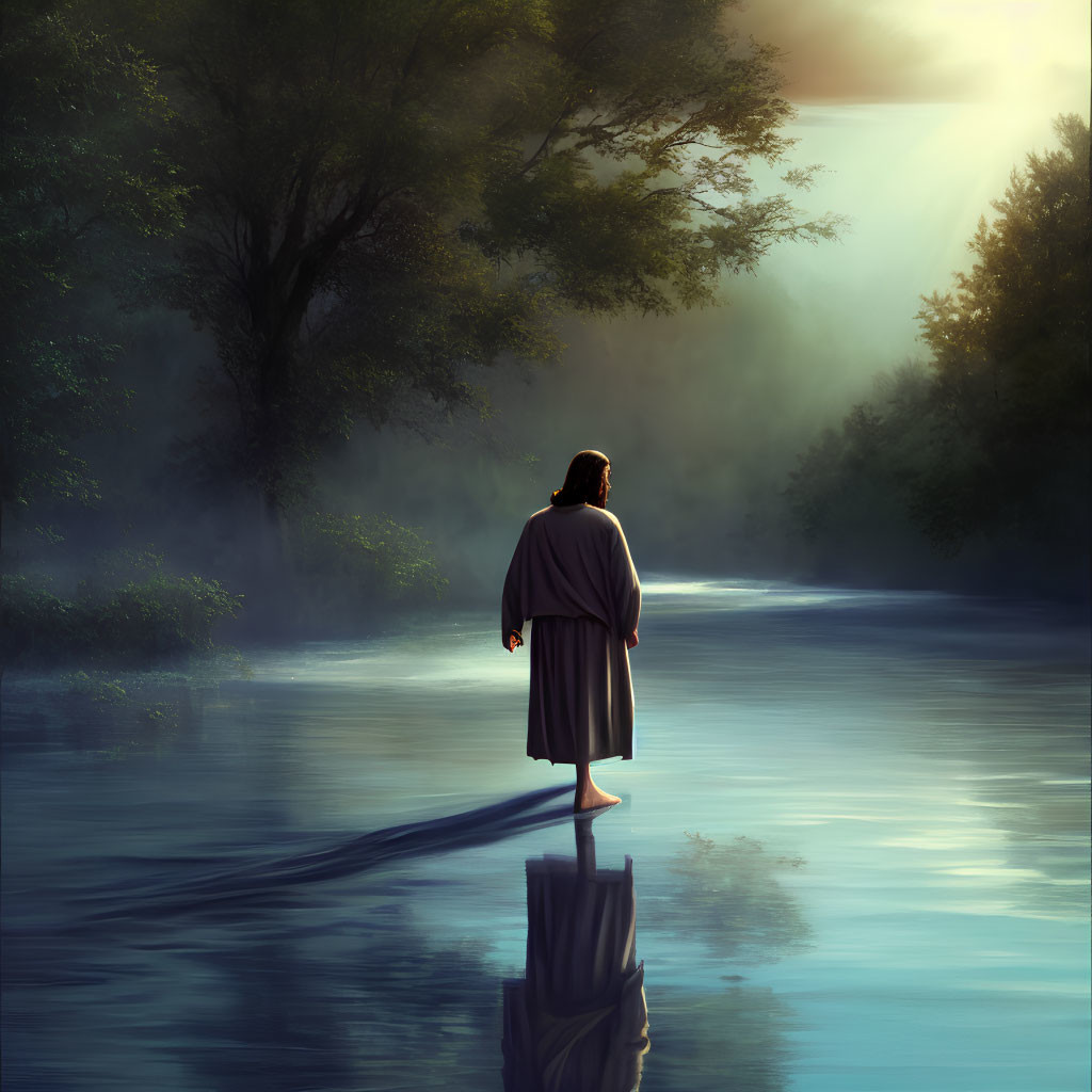 Robed Figure Standing on Water in Misty Forest with Sunrays