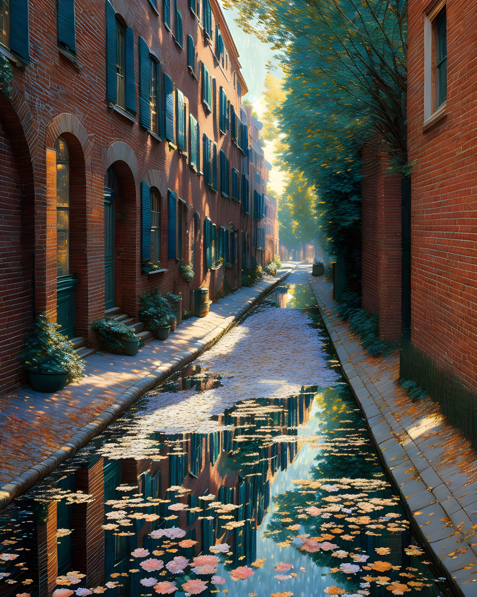 Tranquil canal with brick buildings and autumn trees reflecting light