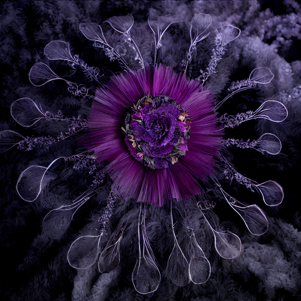 Vivid Purple Flower with Feathery Petals on Soft Plant Textures