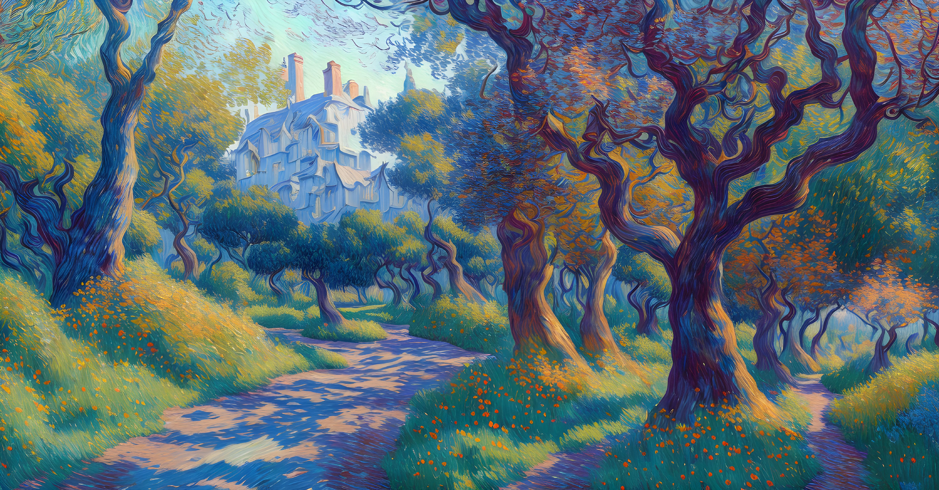 Impressionist-style painting: Serpentine Path Through Forest to White House