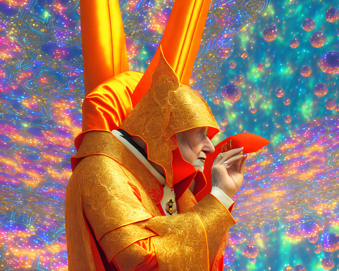 Person in ornate orange and gold ceremonial attire on vibrant psychedelic background.