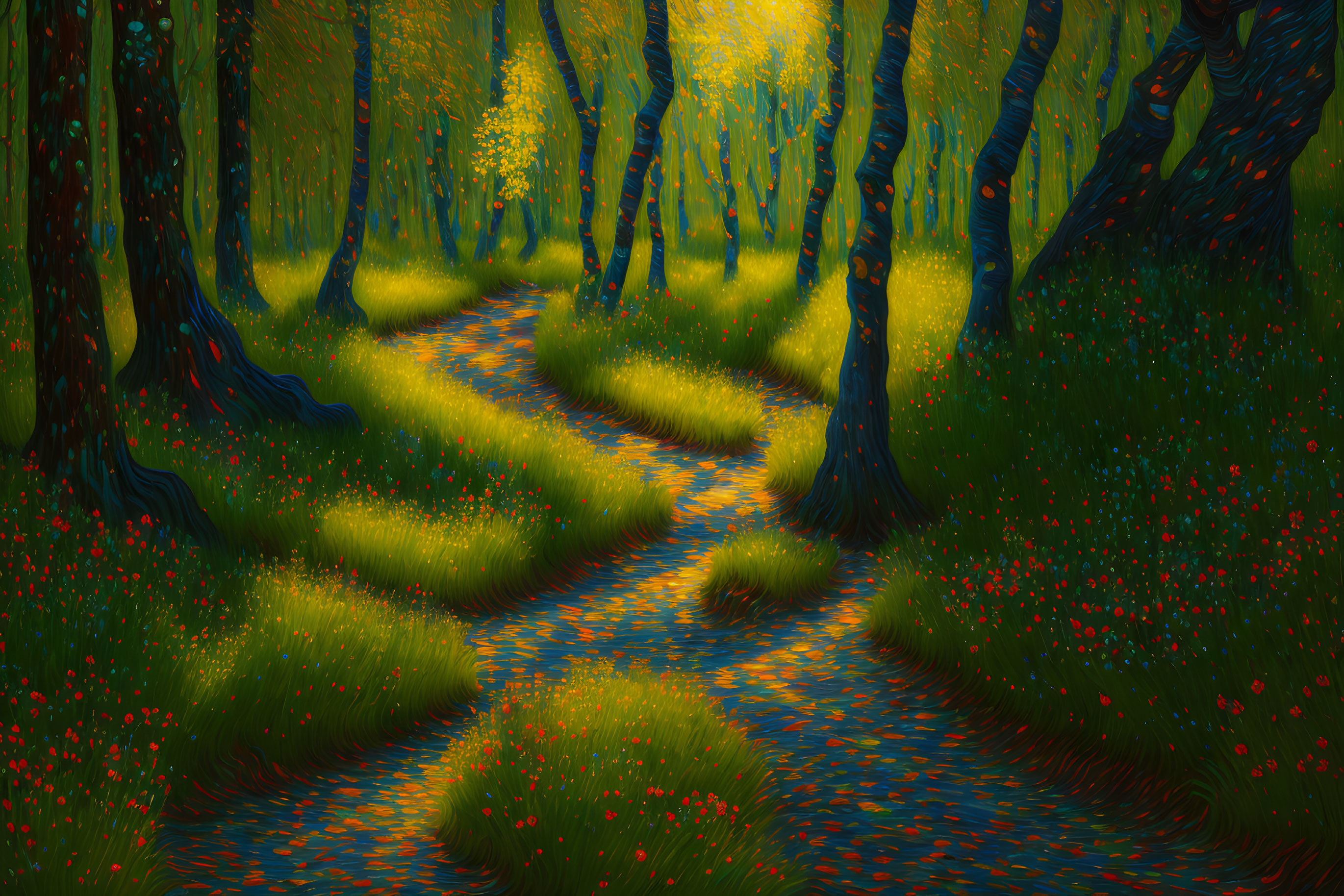 Vibrant colorful forest path with blue and orange hues