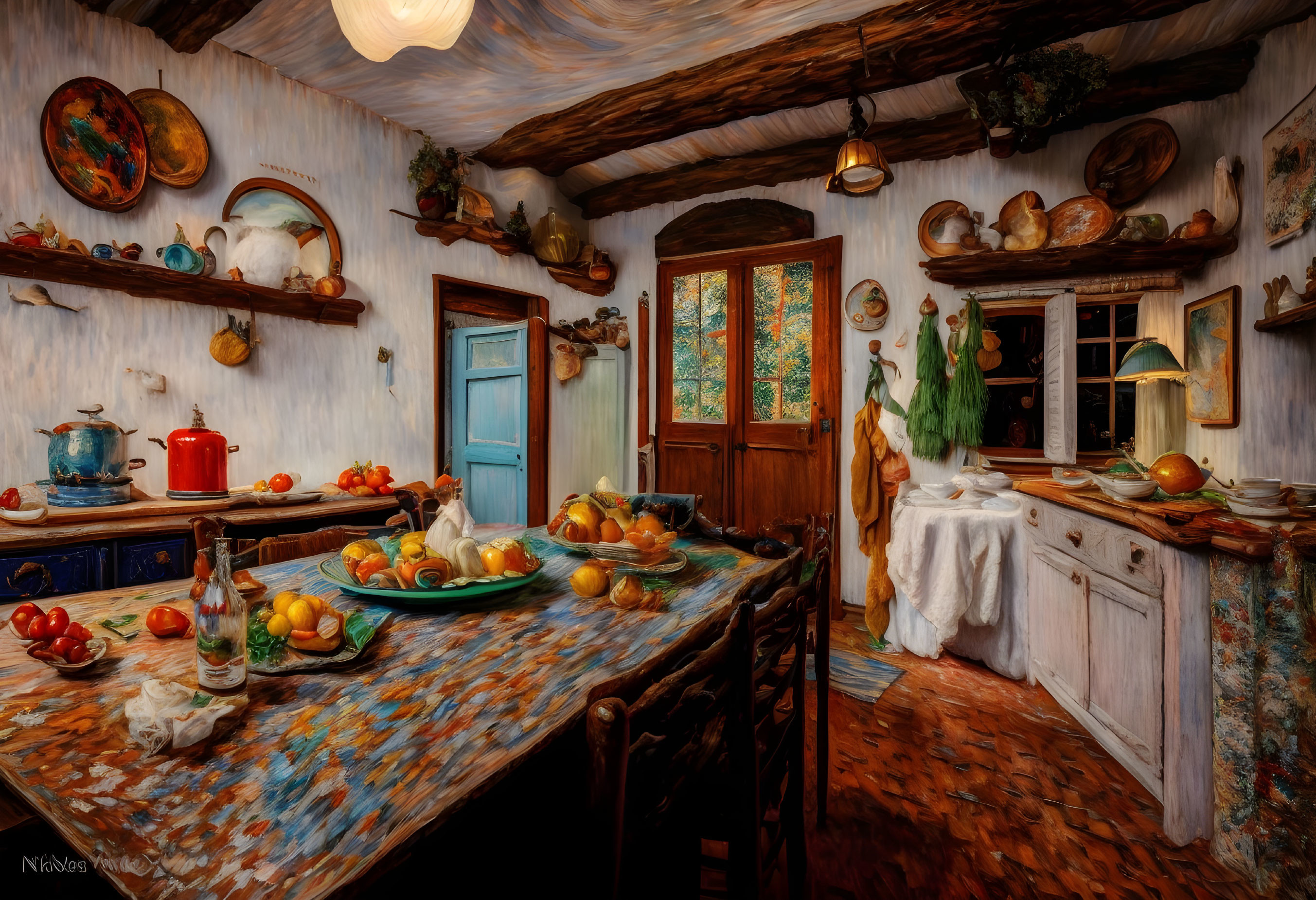 Rustic kitchen with wooden ceiling, fruit table decor, pottery shelves, white cabinet