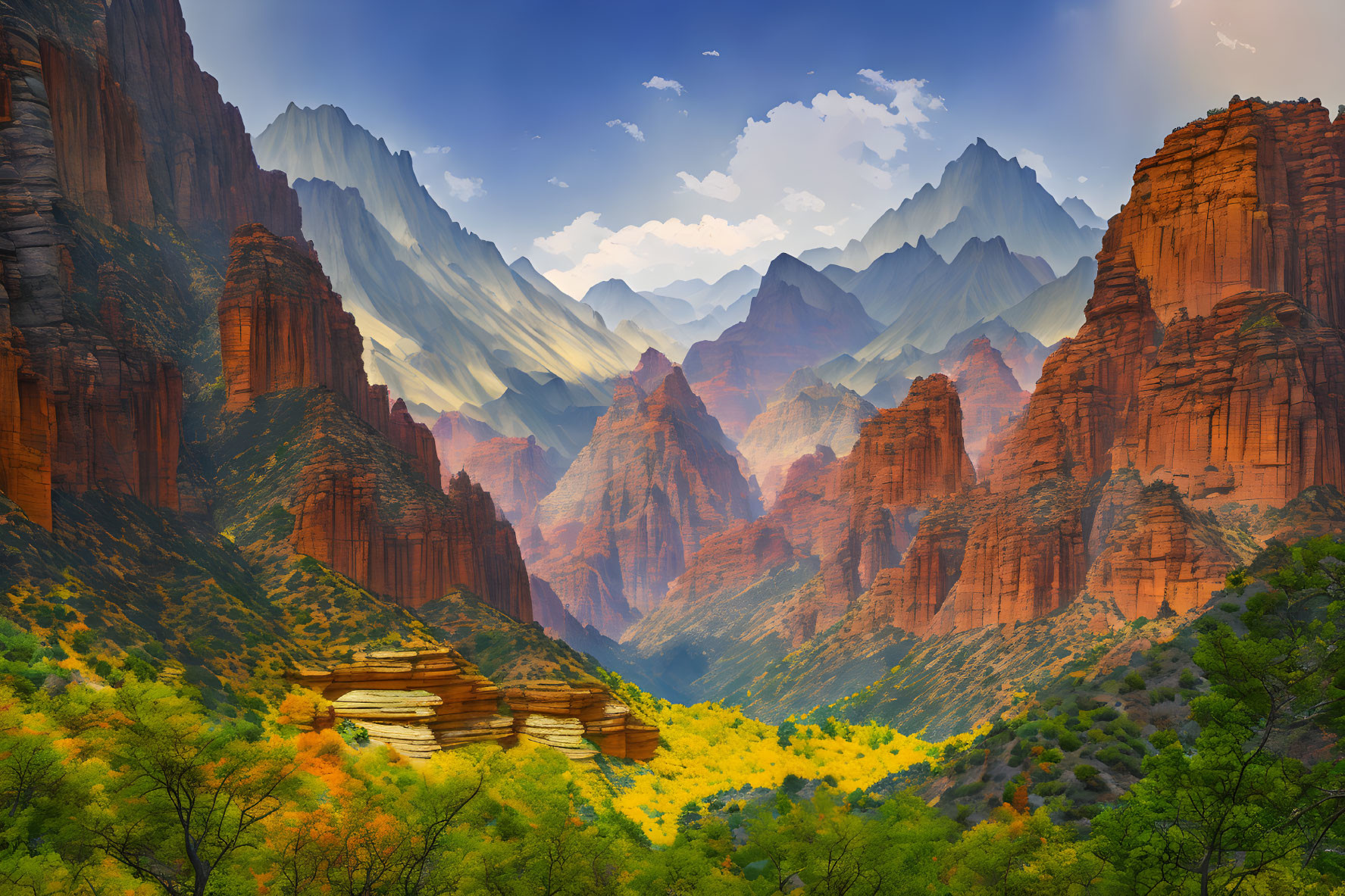 Majestic red rock formations in lush valley with mountain peaks