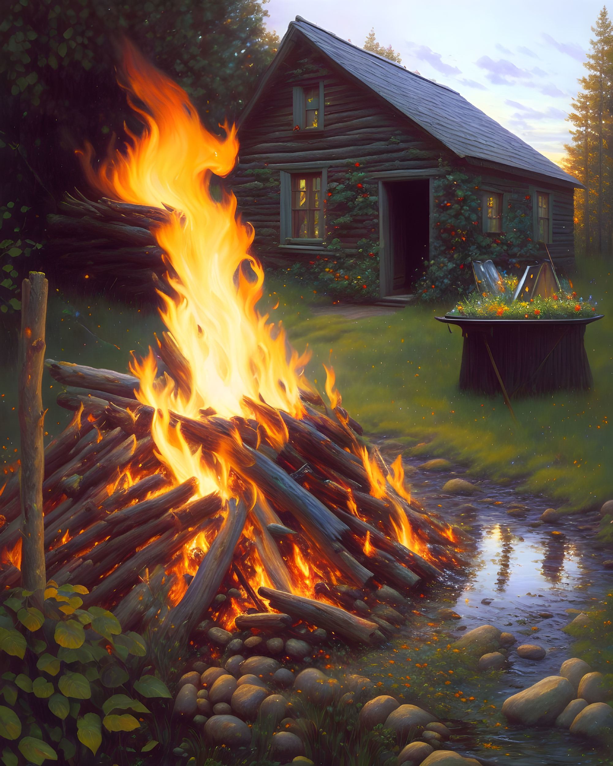 Rustic cabin with bonfire in lush greenery at dusk