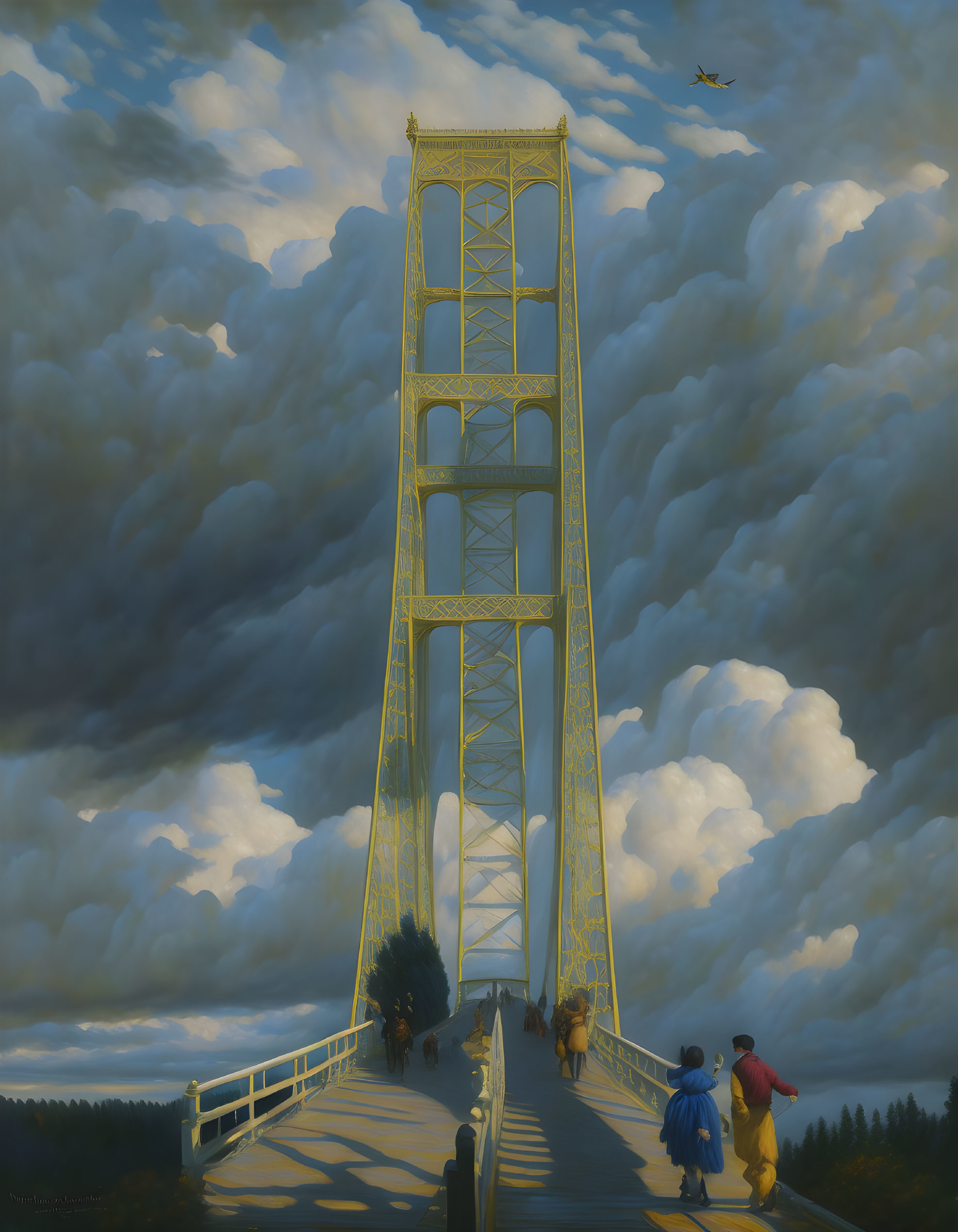 People walking on suspension bridge under towering clouds with flying plane