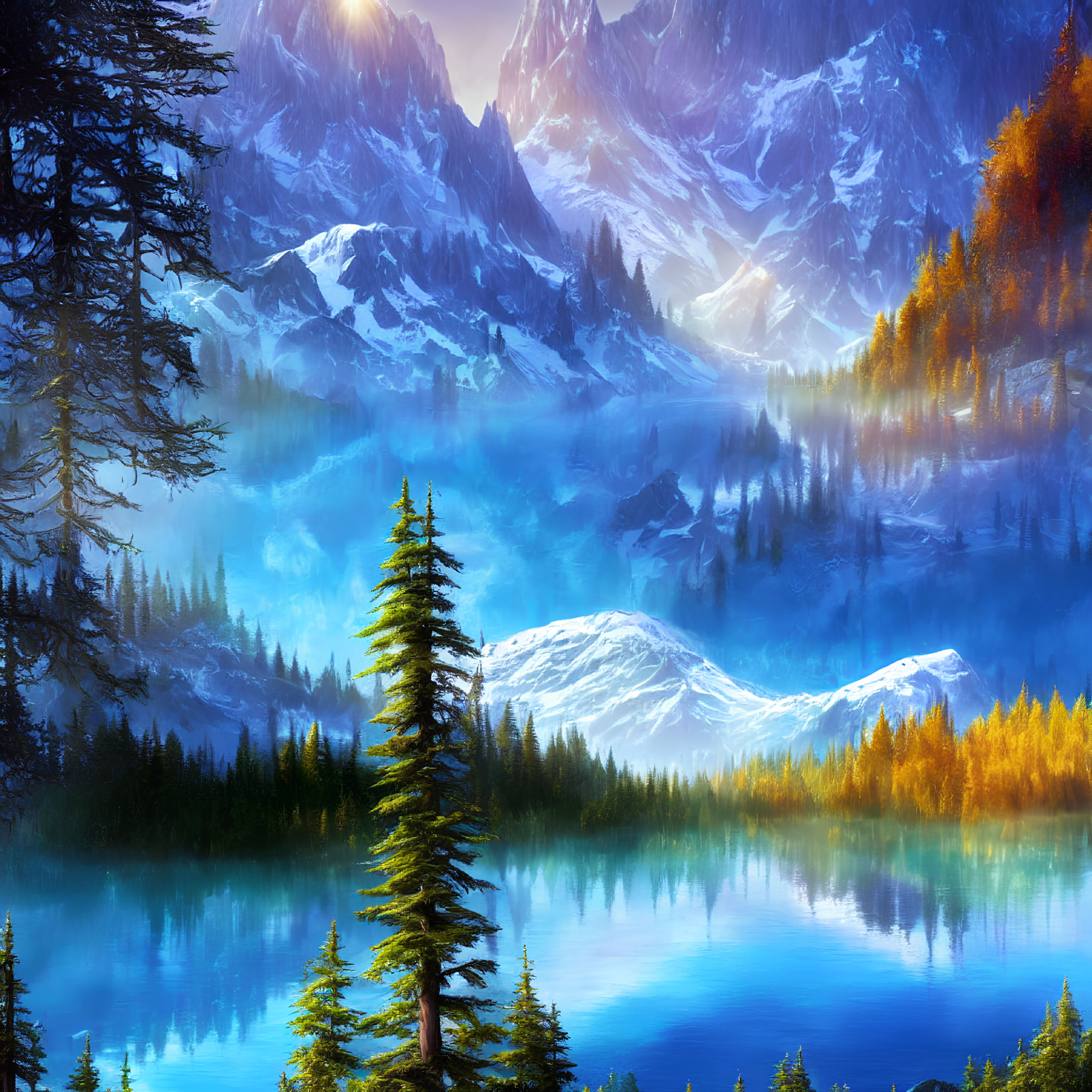 Scenic landscape with blue lake, snowy mountains, autumn trees