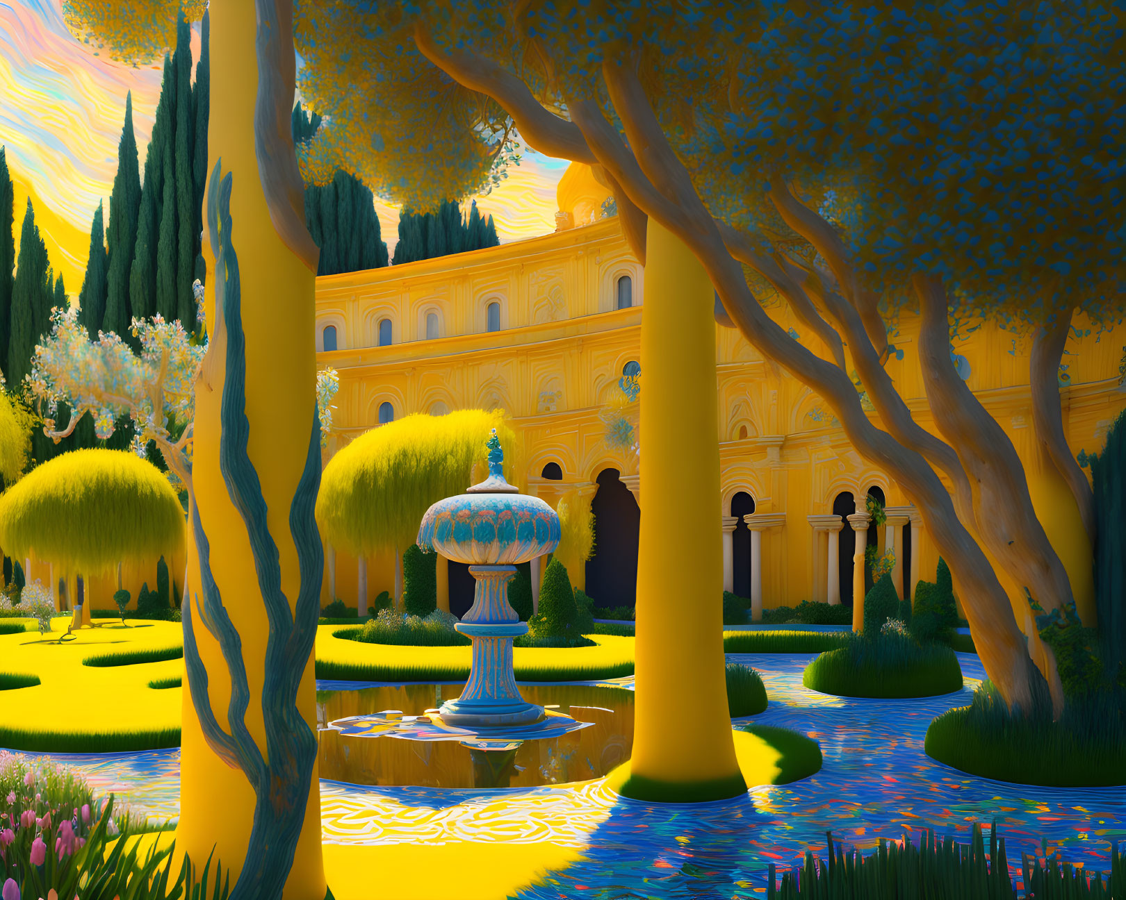 Colorful Garden with Yellow Paths, Stylized Trees, Blue Pond, and Arched Yellow Building