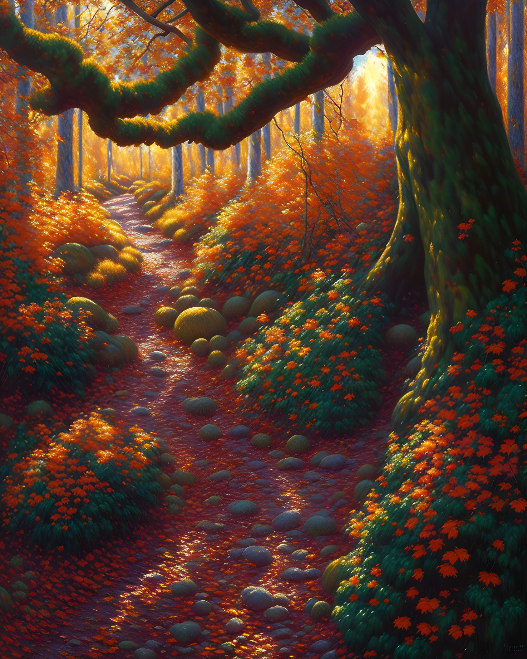 Sunlit Path Through Vibrant Autumn Forest