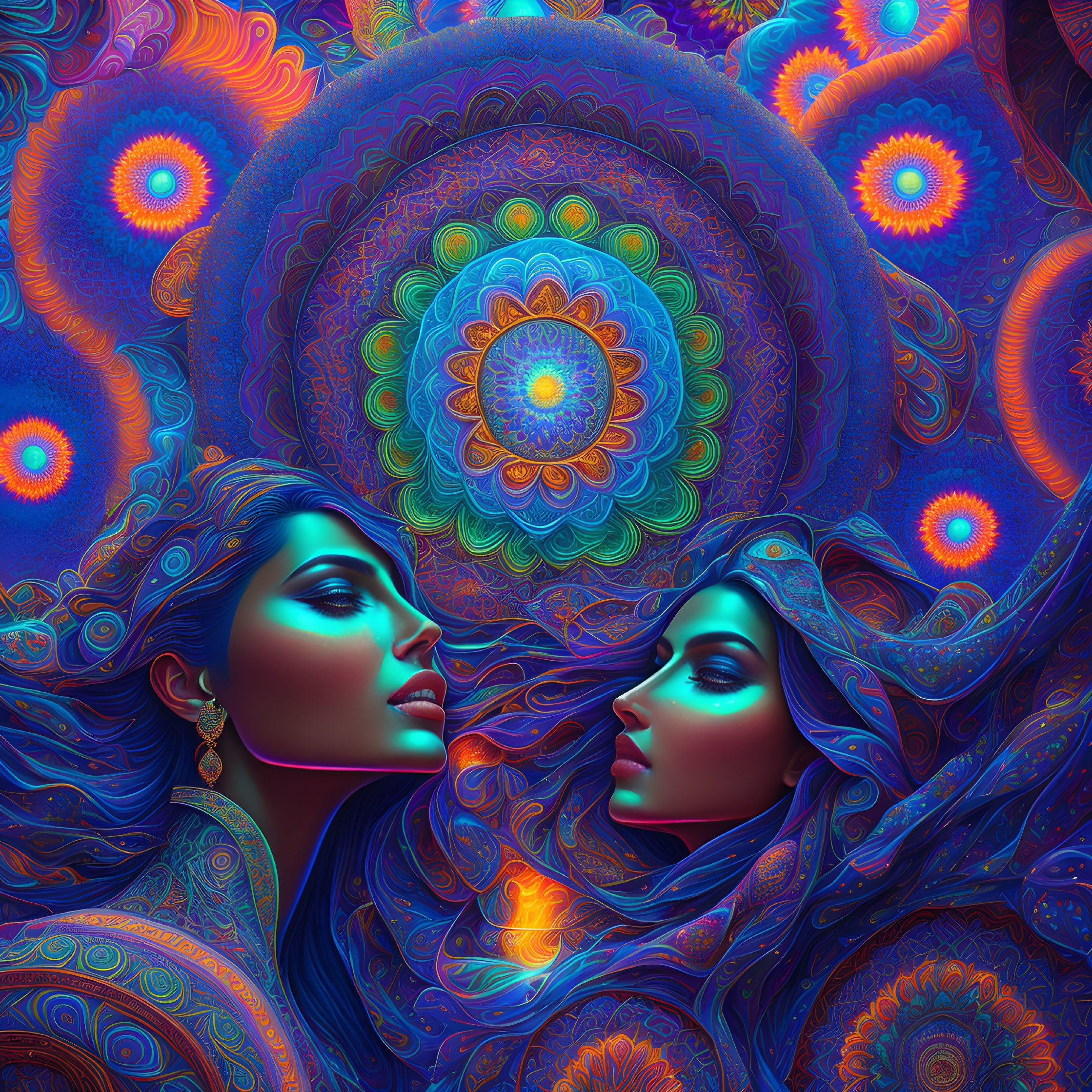 Colorful Illustration: Two Women with Flowing Hair and Psychedelic Mandalas